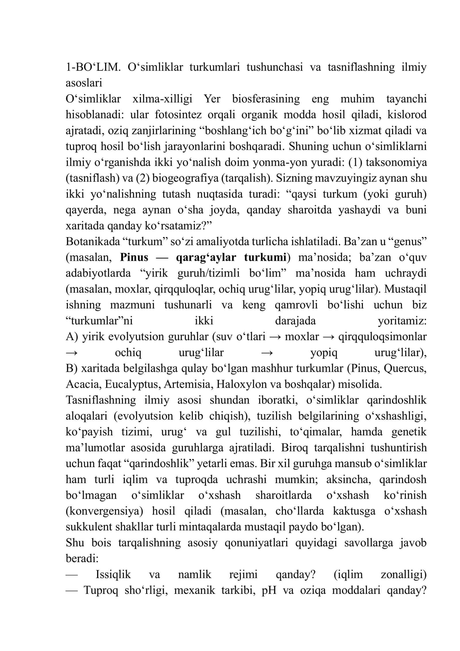 O‘simlik turkumlari va ularning tabiiy joylashishlari (xaritada belgilash) 2