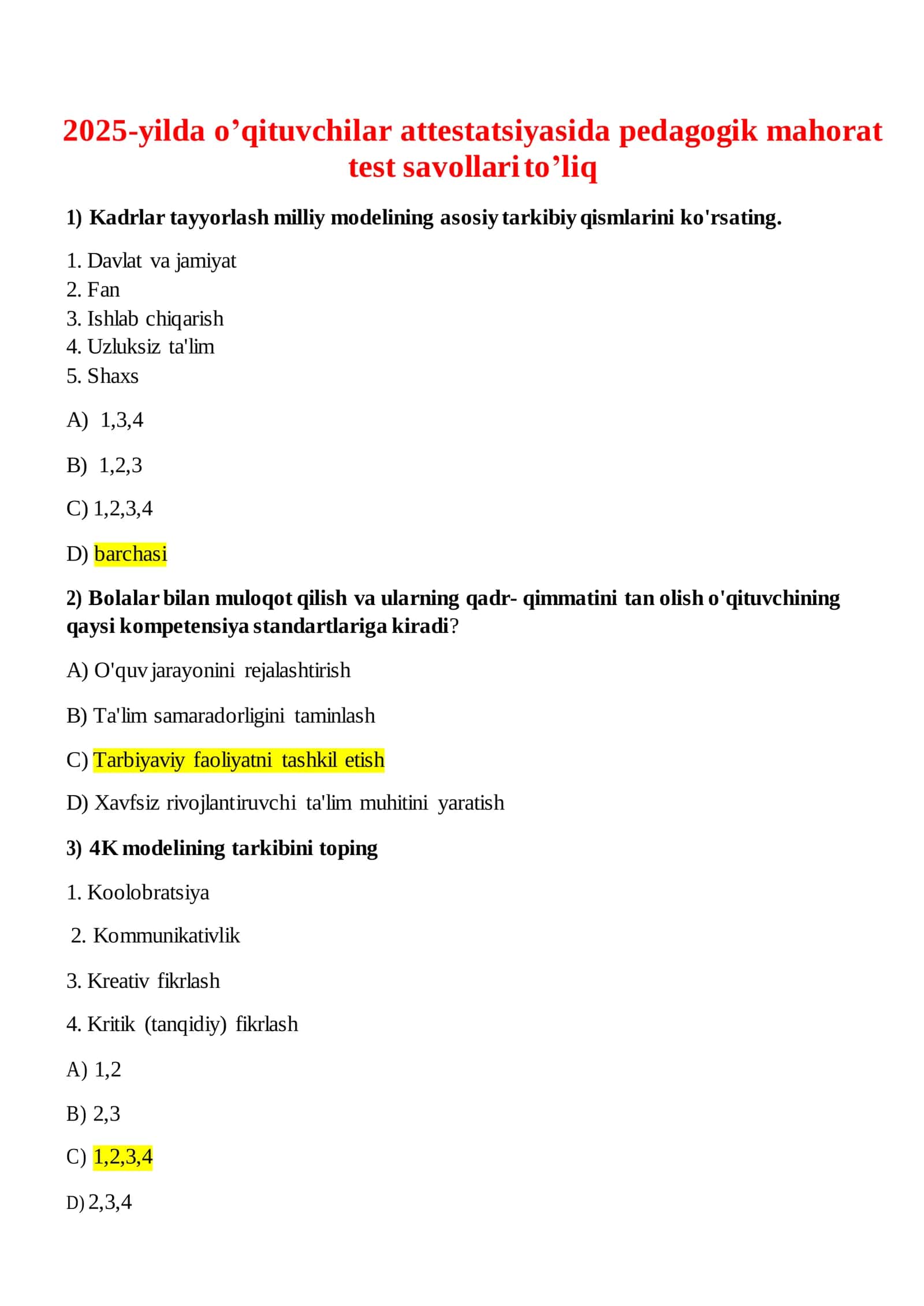 2025-YIL O‘QITUVCHILAR ATTESTATSIYASI: PEDAGOGIK MAHORAT TESTLARI JAVOBLARI BILAN 2