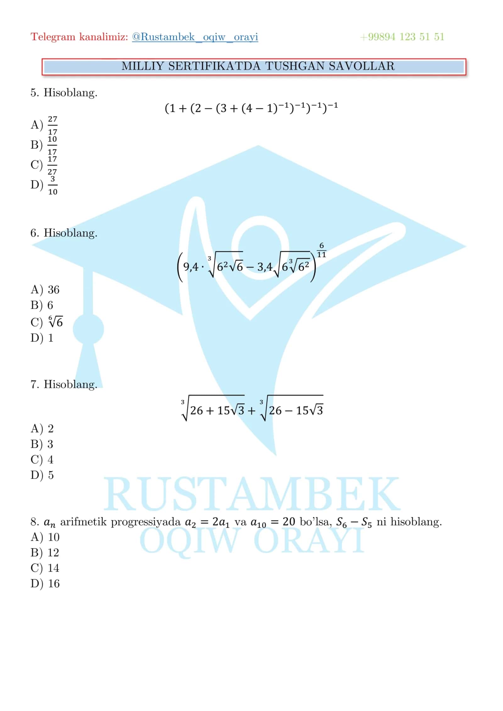 Matematika milliy sertifikat savollari 2