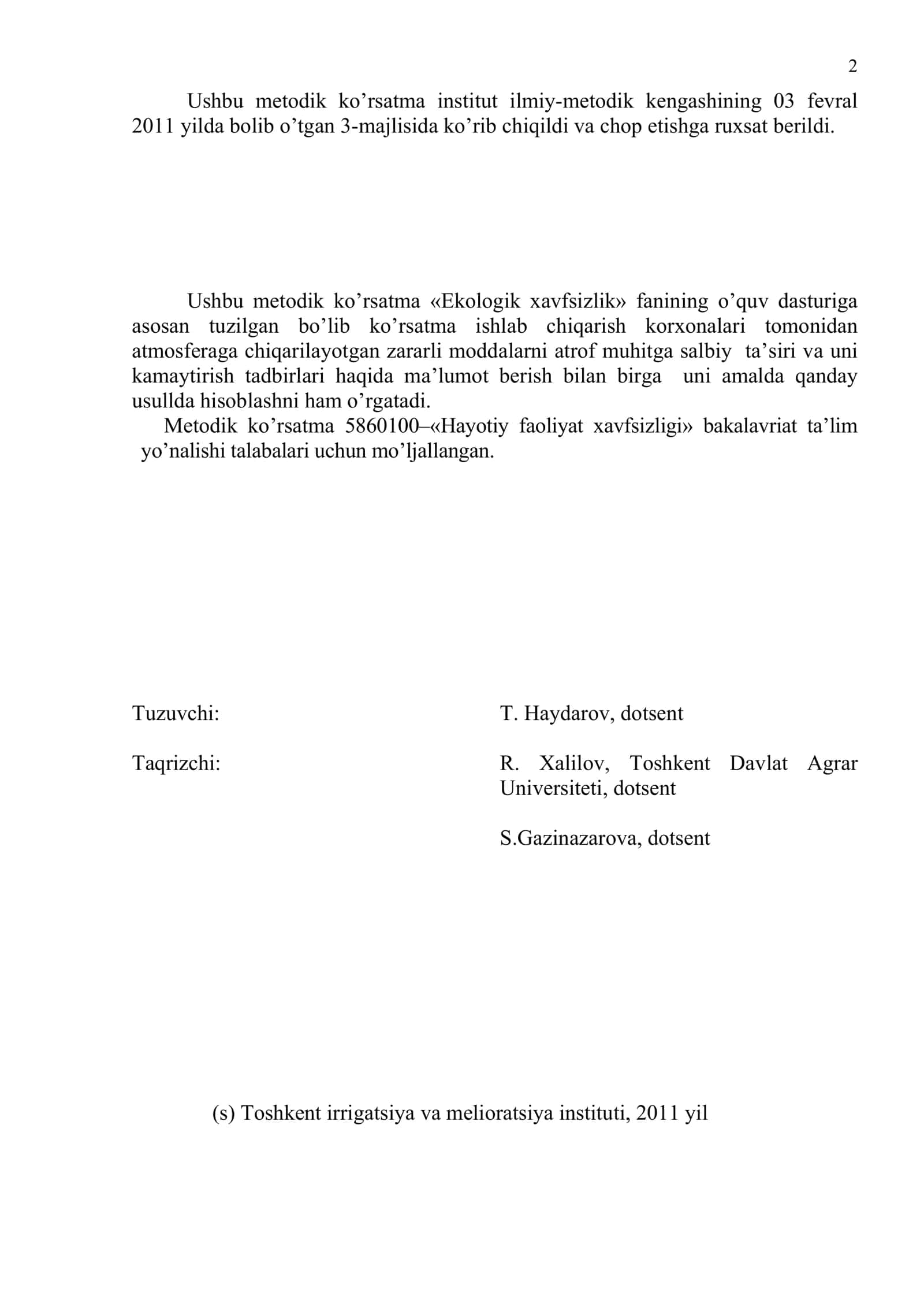 Ekologik xavfsizlik fanidan amaliy mashg’ulotlarni bajarish uchun USLUBIY KO’RSATMA 2