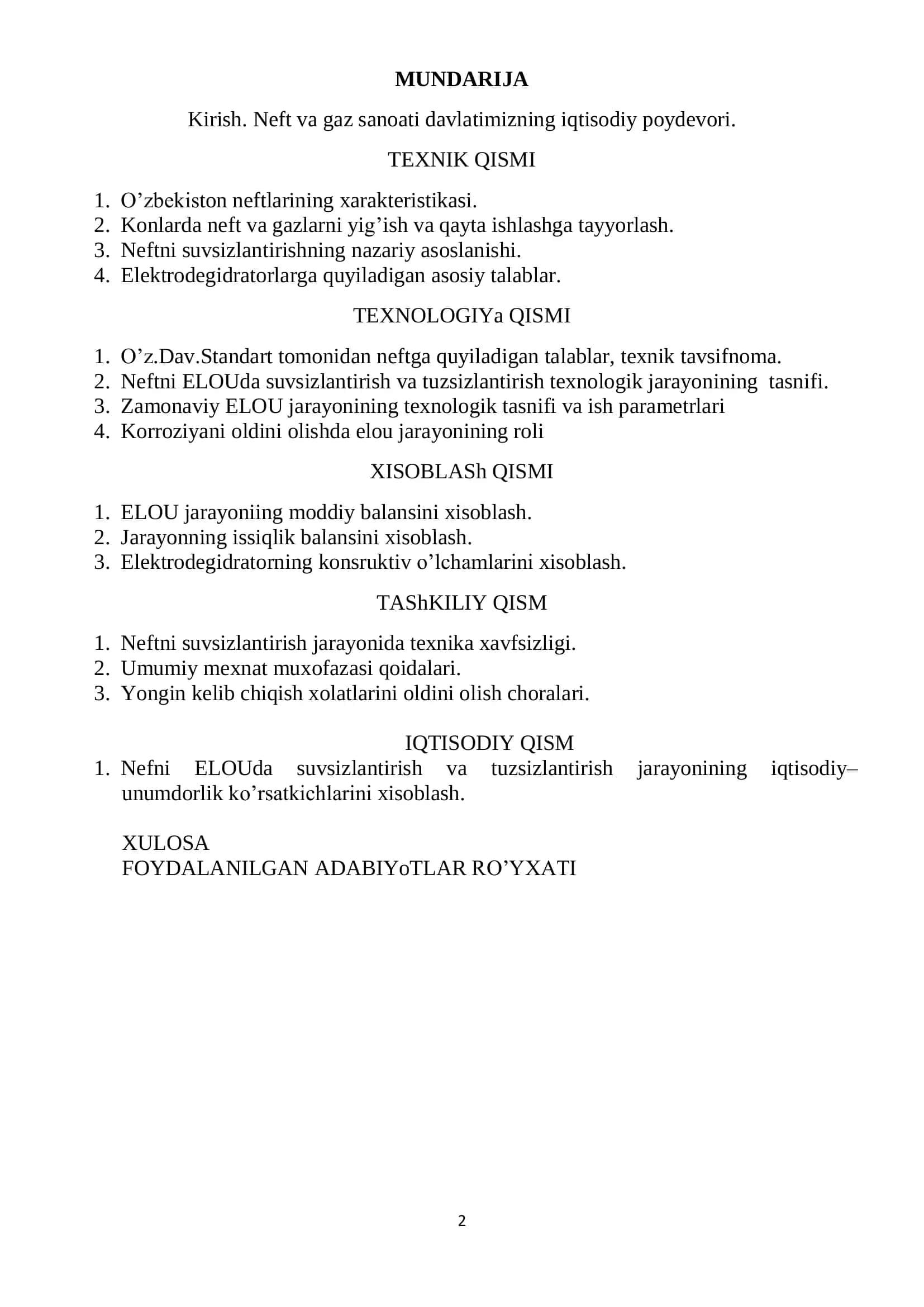 Unumdorligi 350 000 t/yil bo’lgan neftni ELOU qurilmasida suvsizlantirish texnologik jarayoni tahlili va issiqlik almashtirgichni hisoblash 2