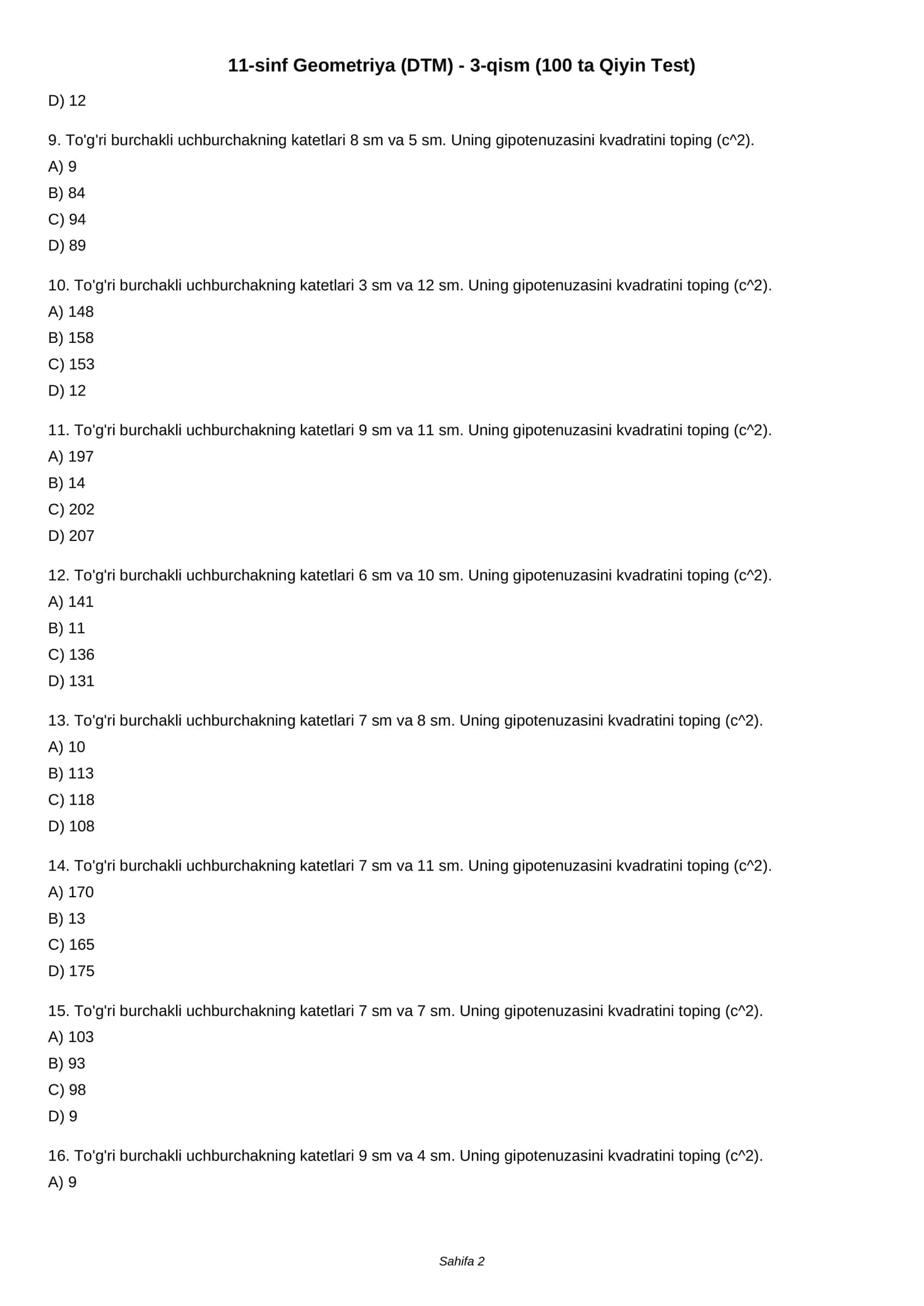 11-sinf Geometriya (DTM) - 3-qism (100 ta Qiyin Test) 2