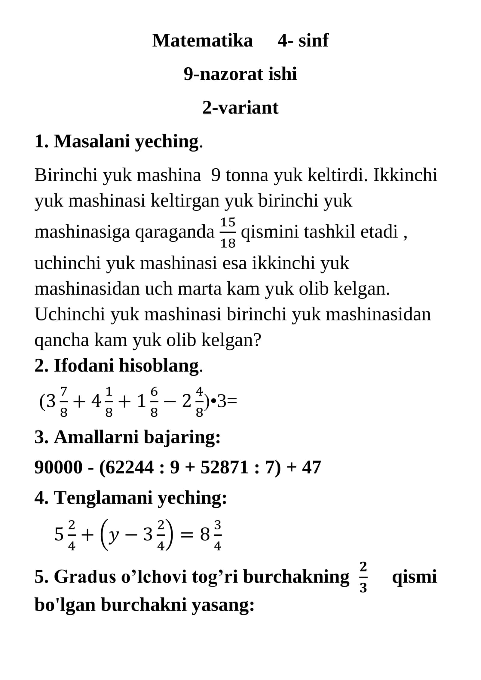 Matematika 4- sinf 9-nazorat ishi 2