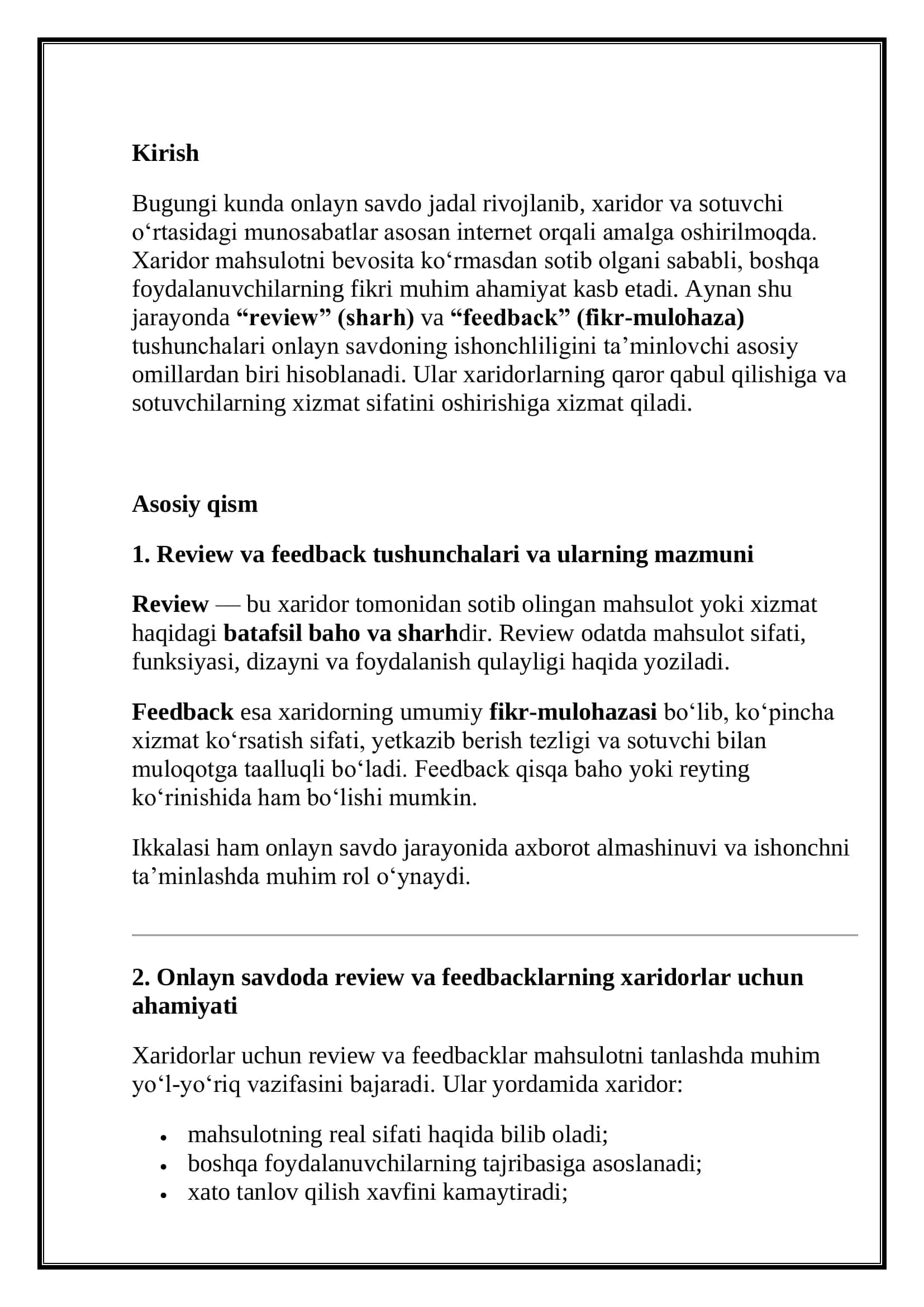 Onlayn savdoda “review” va “feedback” tushunchalari 2