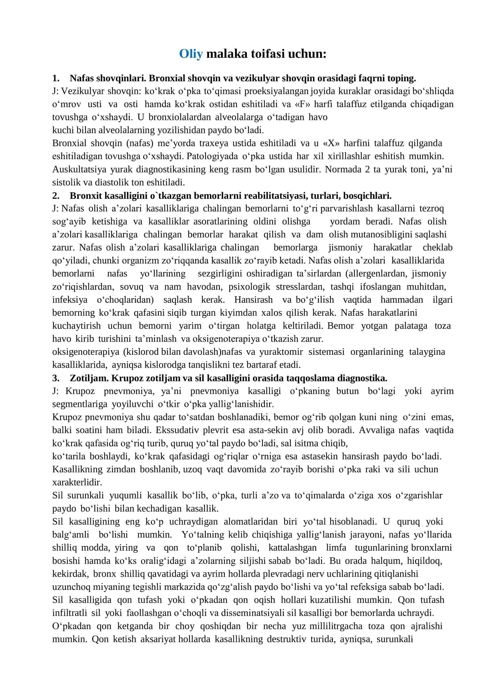 🚑🔥 O‘RTA TIBBIYOT XODIMLARI UCHUN ⭐ OLIY MALAKA TOIFASI SAVOL-JAVOBLARI (2023) 📘 177+ BET | VILOYAT RUHIY-ASAB KASALLIKLAR SHIFOXONASI ASOSIDA 2
