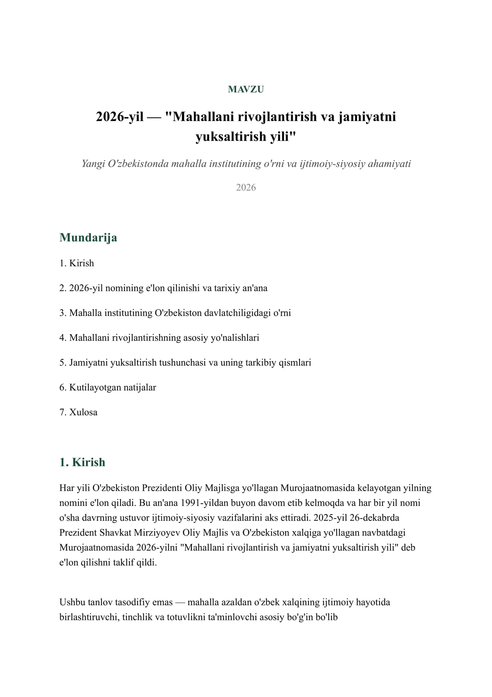 2026-yil — Mahallani rivojlantirish va jamiyatni yuksaltirish yili 2