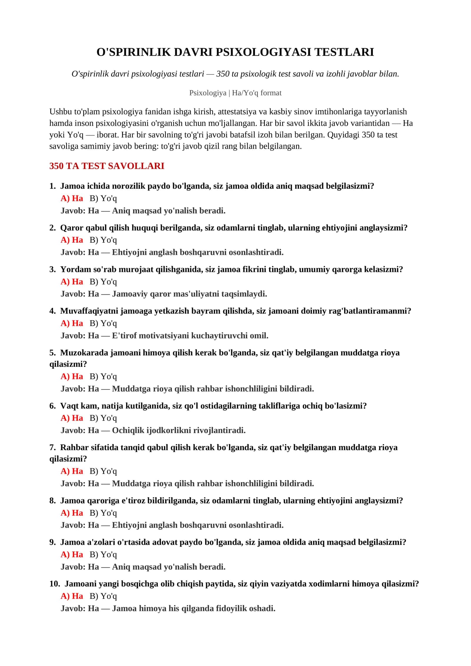 O'SPIRINLIK DAVRI PSIXOLOGIYASI TESTLARI 2