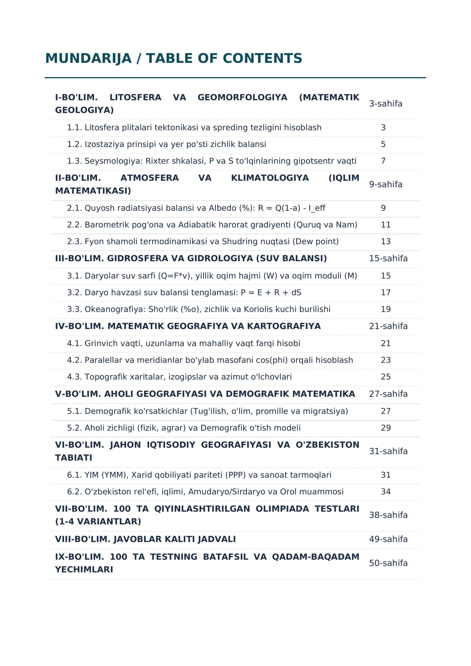 RESPUBLIKA VA XALQARO FAN OLIMPIADALARIGA TAYYORGARLIK GUIDE GEOGRAFIYA FANIDAN MUKAMMAL ENSIKLOPEDIK QO'LLANMA VA 100 TA SPETSIFIK TEST 2