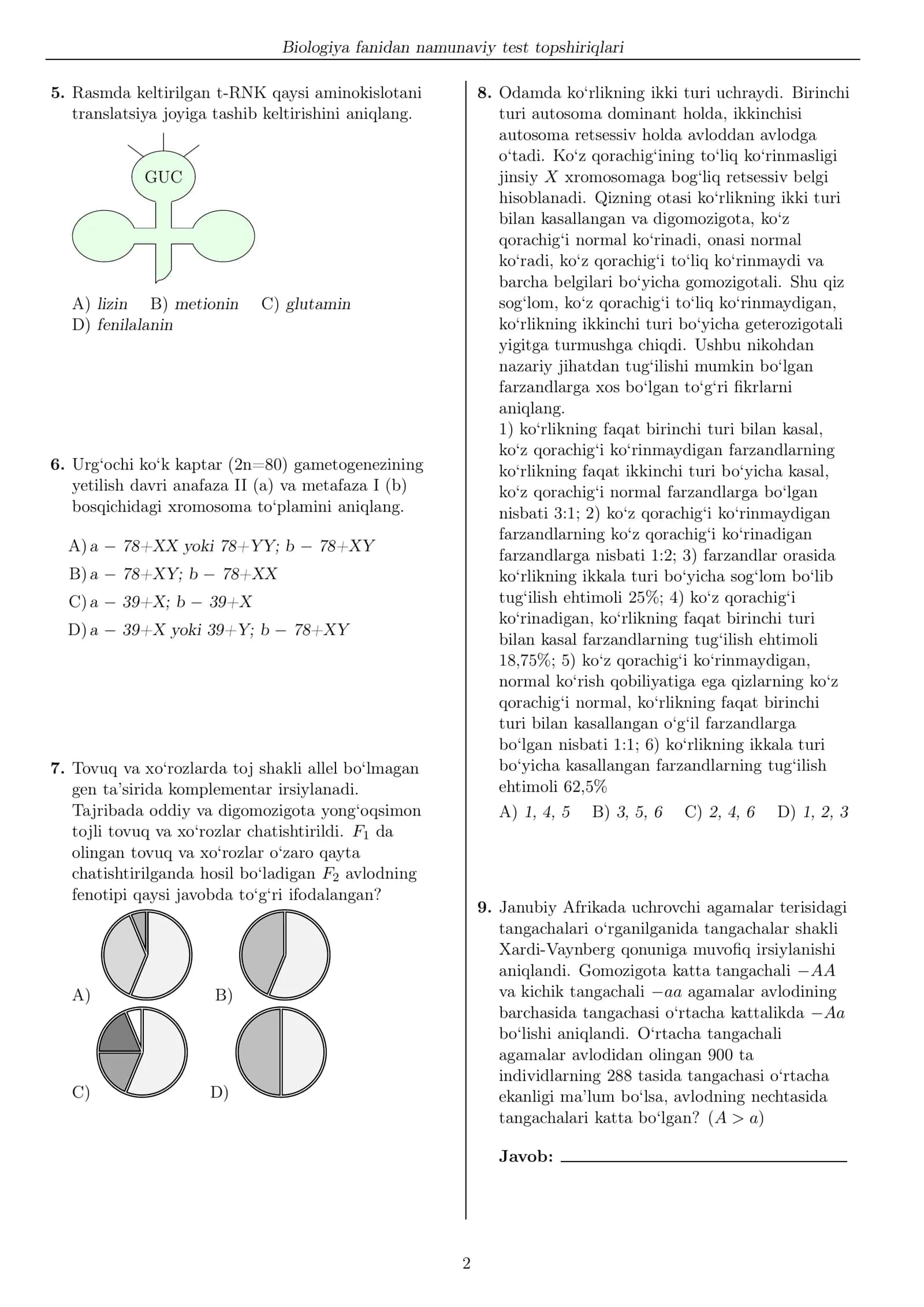 Biologiya fanidan namunaviy test topshiriqlari 2