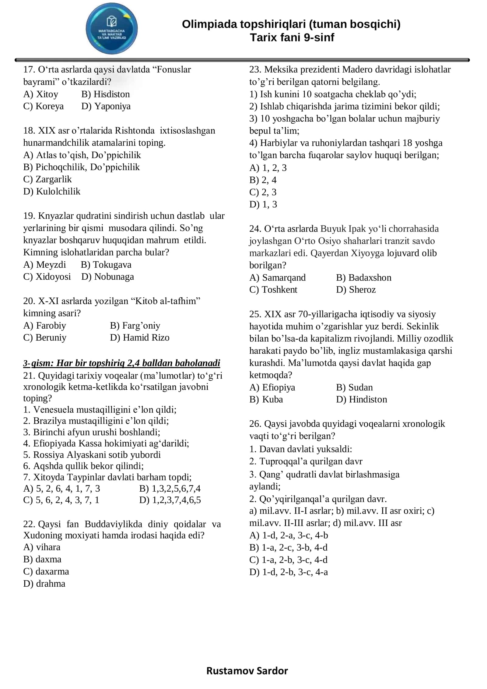 Olimpiada topshiriqlari (tuman bosqichi) 2
