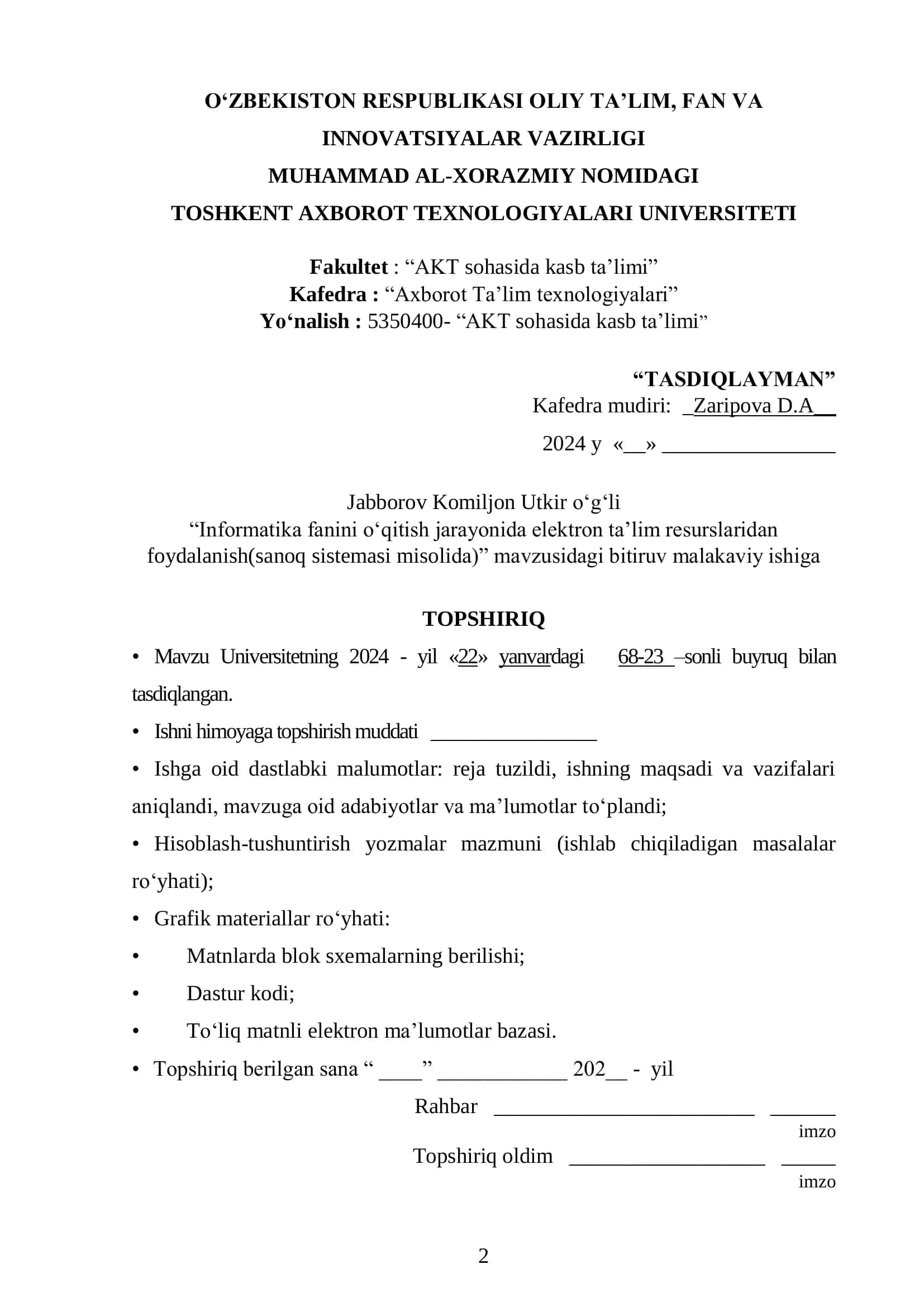 Informatika Fanini O‘qitish Jarayonida Elektron Ta‘lim Resurslaridan Foydalanish Diplom ishi 2