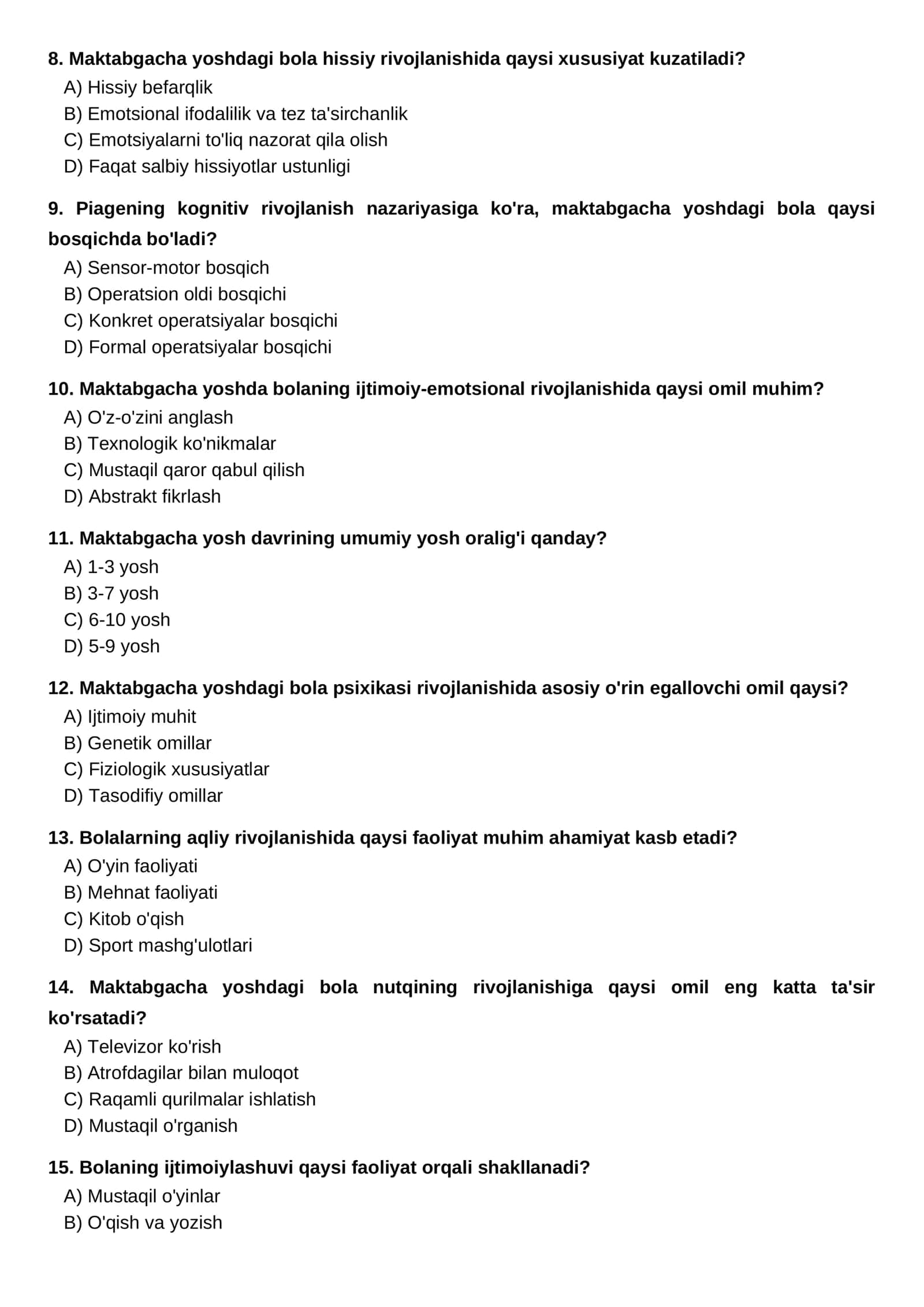 Maktabgacha Yosh Davrida Psixofiziologik Taraqqiyot Test Savollari 2
