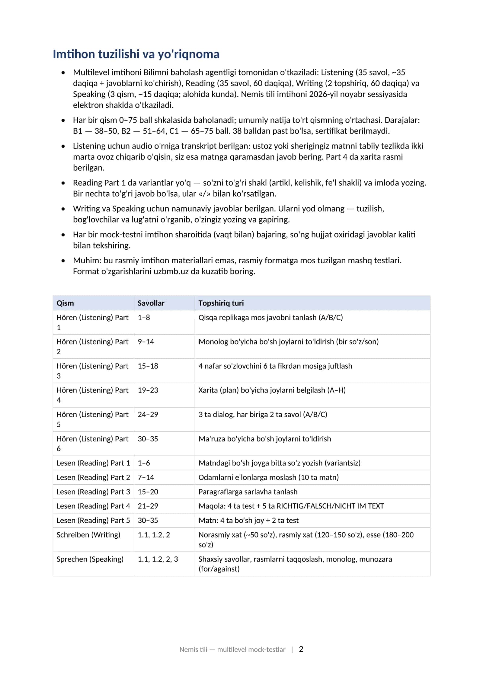 NEMIS TILI (DEUTSCH) Multilevel (CEFR) milliy sertifikat imtihoniga tayyorgarlik: mock-testlar to'plami (2025–2026) 2