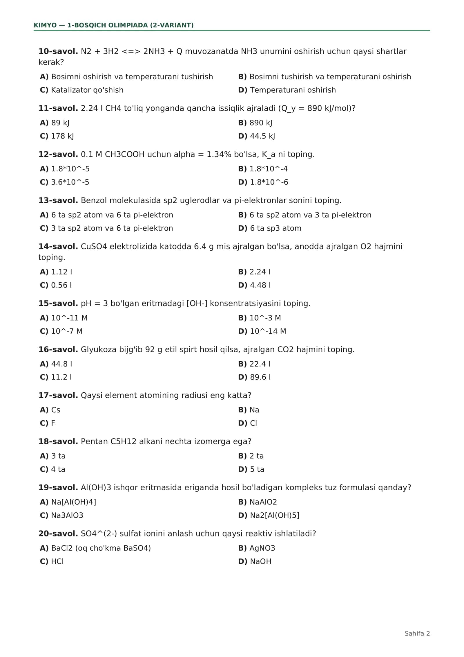 KIMYO — 9-11-sinflar (1-bosqich, 2-VARIANT) 2
