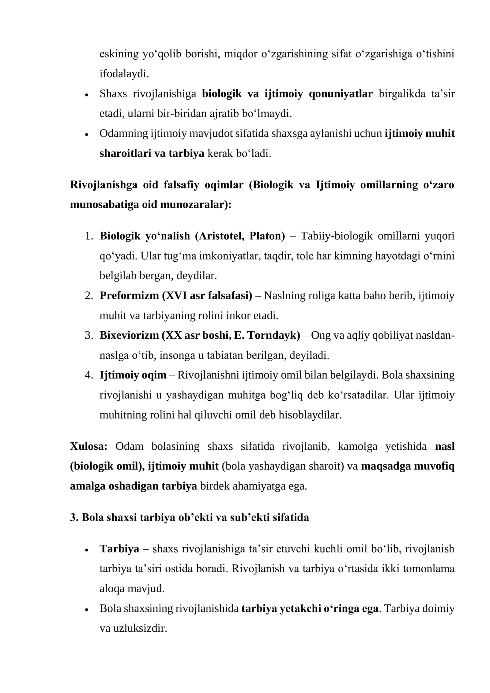 Shaxsning rivojlanishi, tarbiyasi va ijtimoiylashuvi (Konspekt) 2