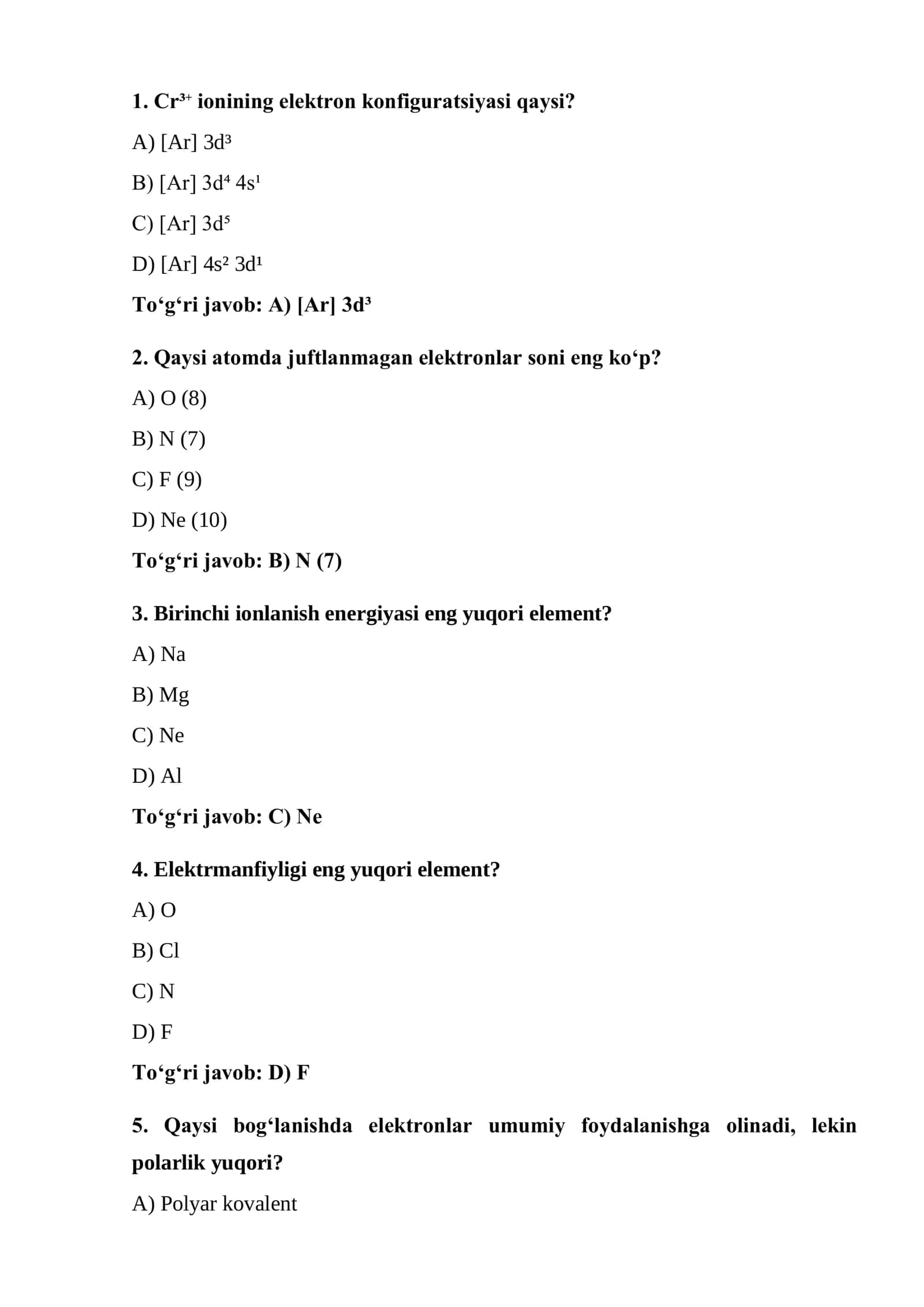 Kimyo fanidan milliy sertifikat tayyorgarlik uchun testlar to'plami, savollar va javoblar 2