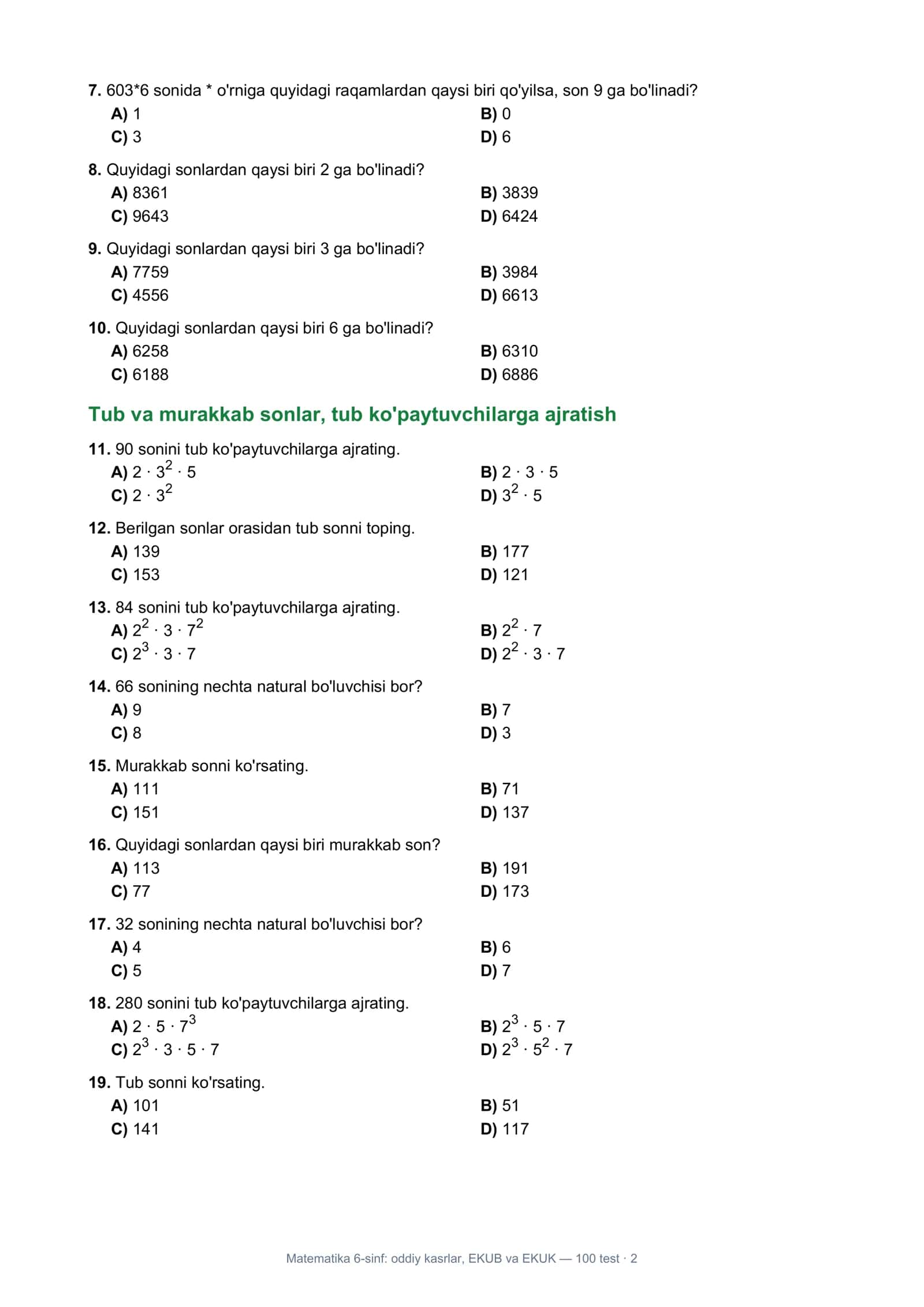 Matematika 6-sinf: oddiy kasrlar, EKUB va EKUK — 100 test 2
