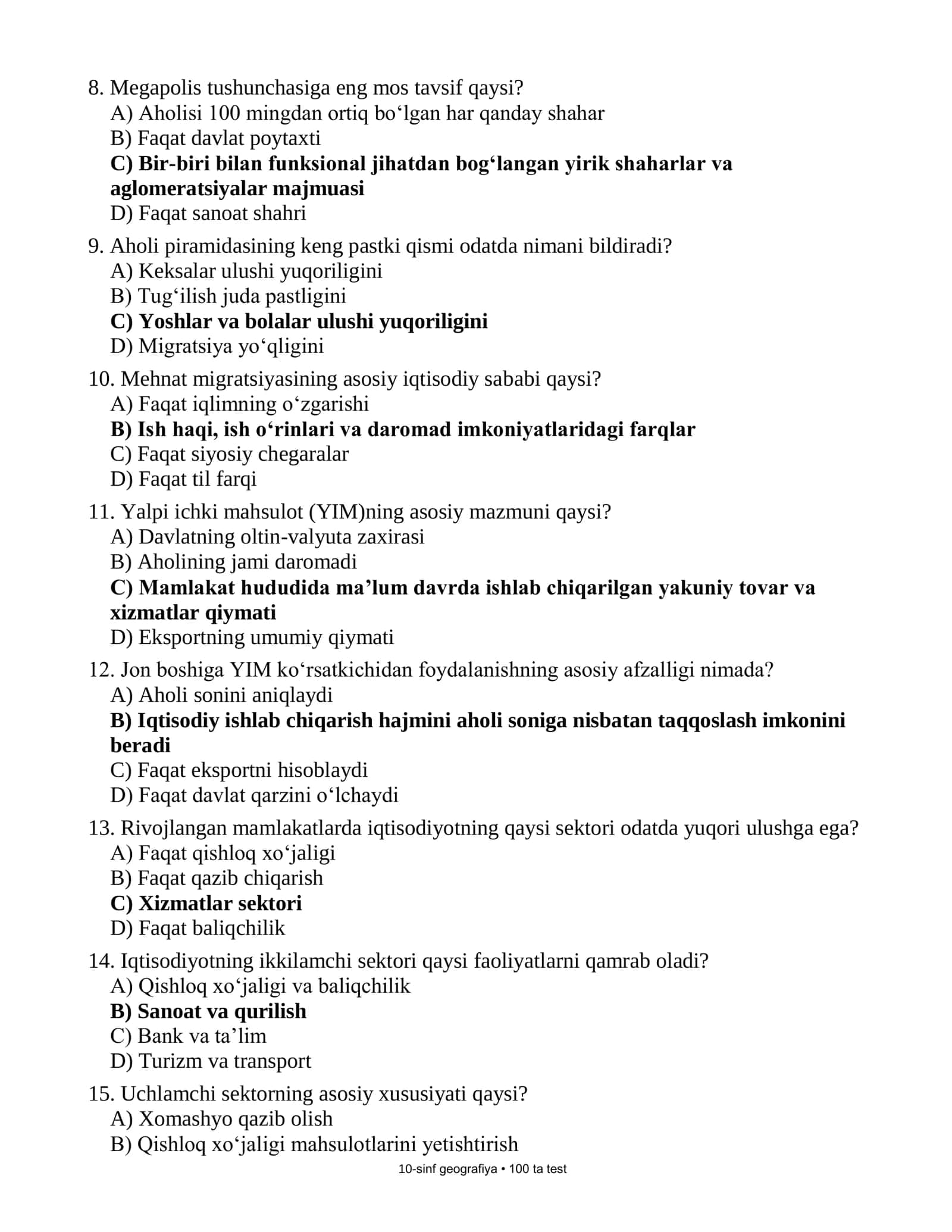 10-sinflar uchun Geografiya fanidan Asosiyfanlar olimpidasiga tayyrogarlik testlari (Javoblari bilan) 2