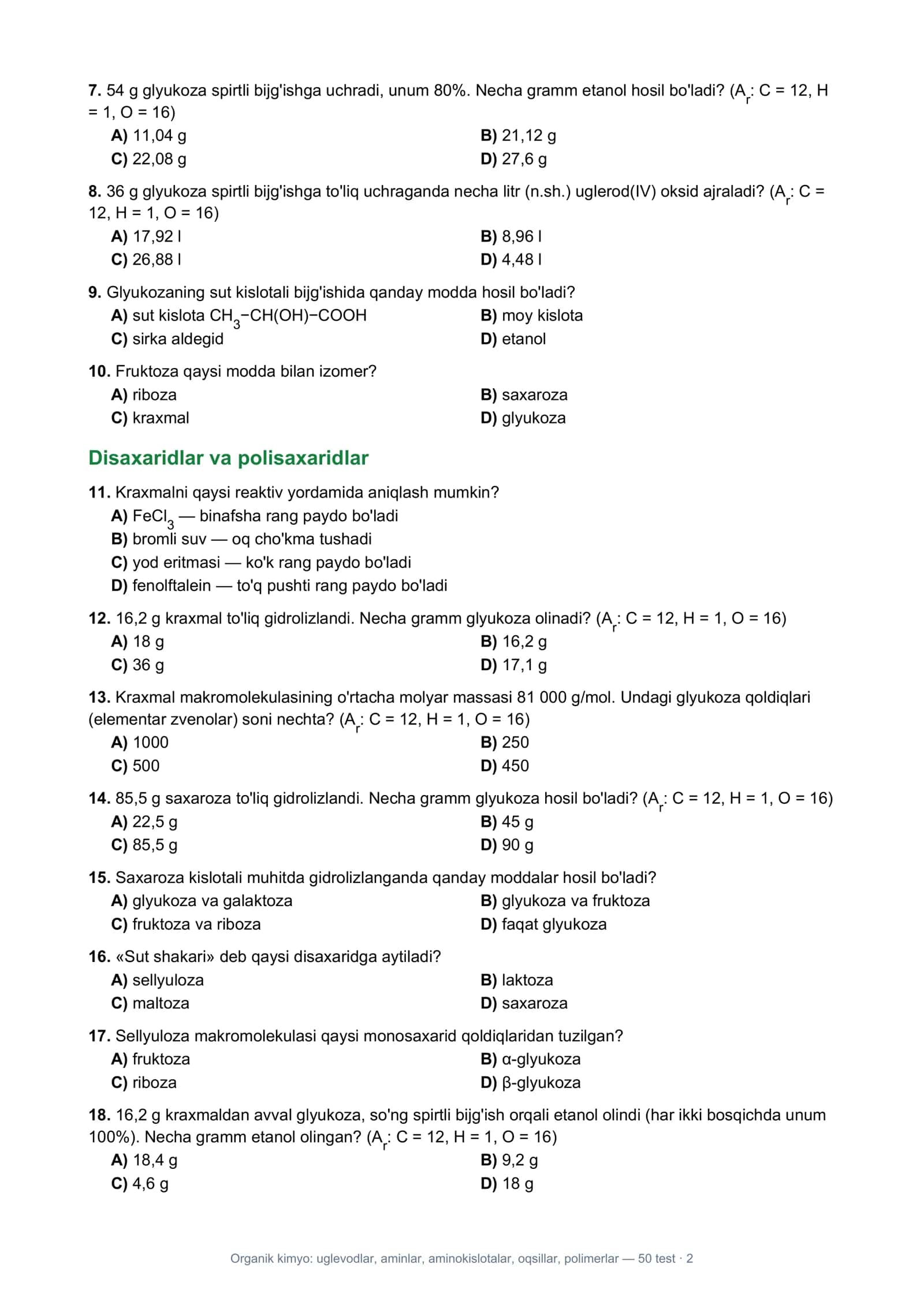 Organik kimyo: uglevodlar, aminlar, aminokislotalar, oqsillar, polimerlar — 50 test 2