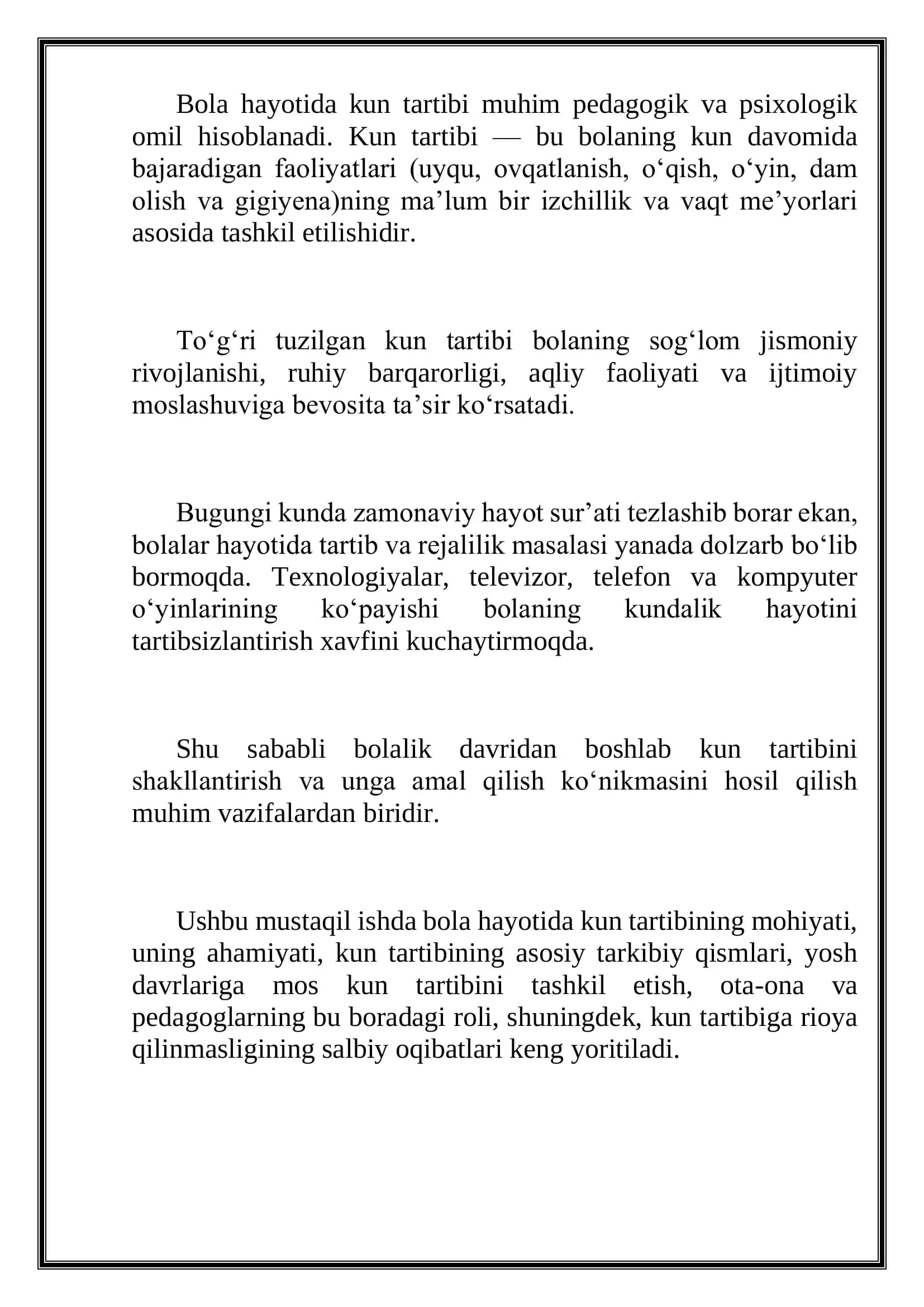 "Bola hayotida kun tartibi va uning ahamiyati" mavzusida mustaqil ish 2