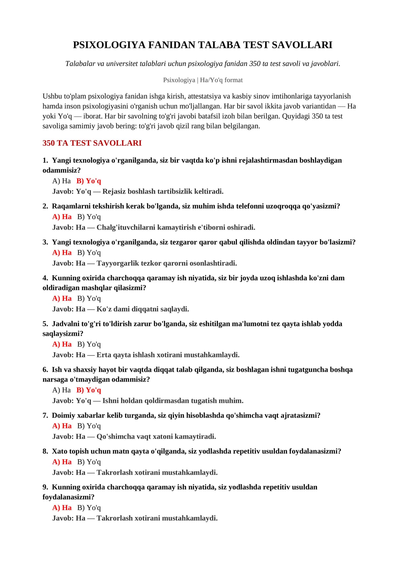 Talaba Test Savollari 2