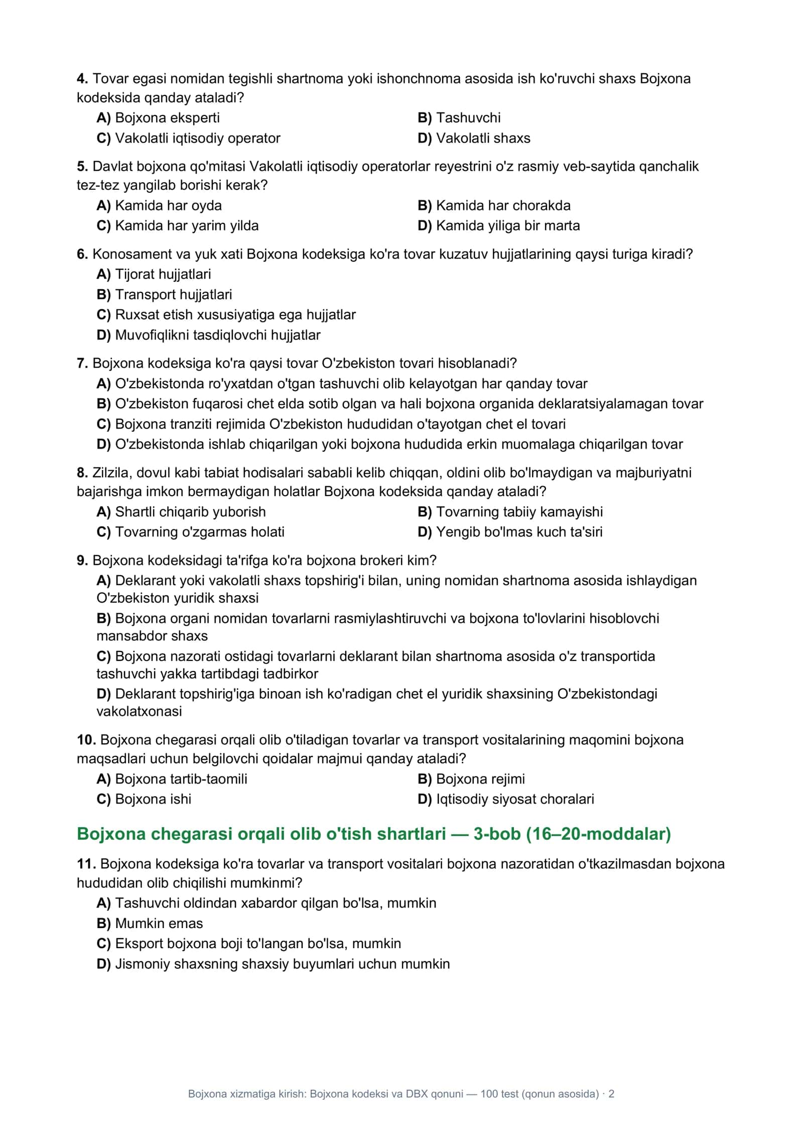 Bojxona xizmatiga kirish: Bojxona kodeksi va DBX qonuni — 100 test (qonun asosida) · 1 2