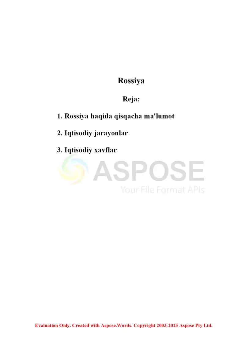 Rossiya iqtisodiyoti bo‘yicha referat 2