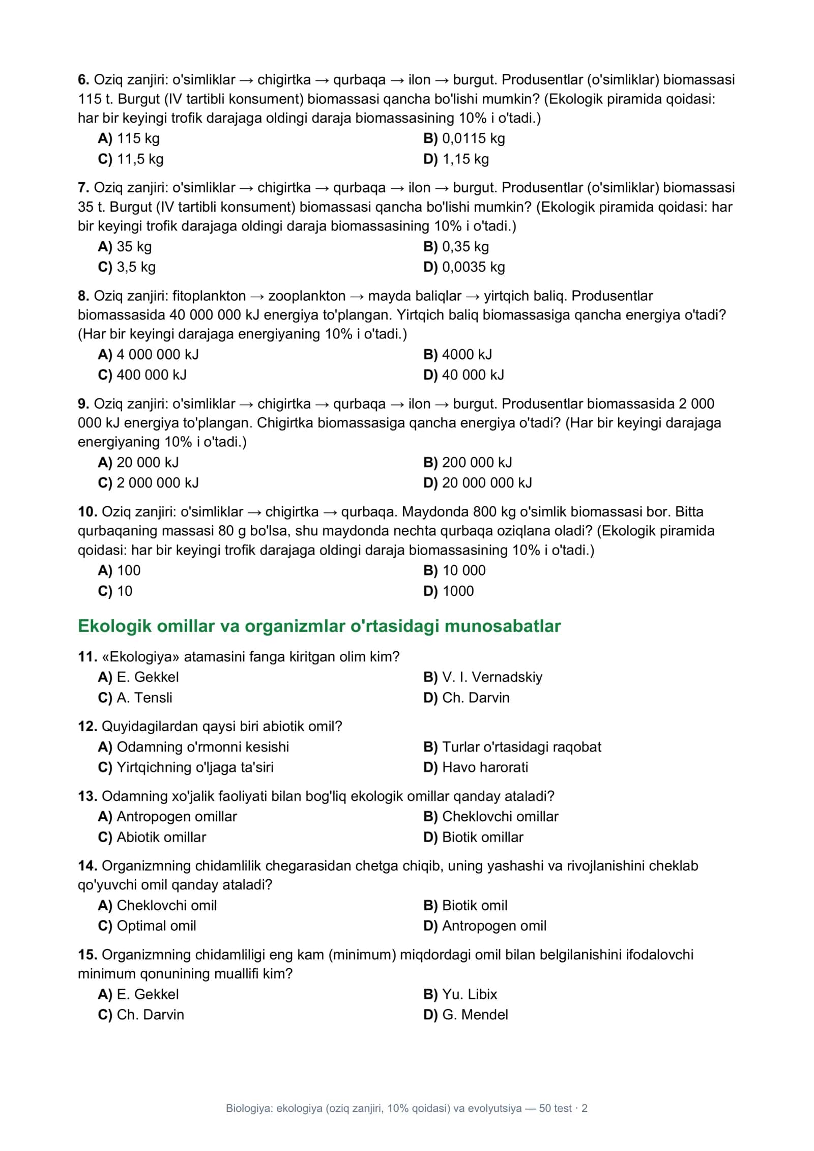 Biologiya: Ekologiya (oziq zanjiri, 10% qoidasi) va evolyutsiya — 50 test 2