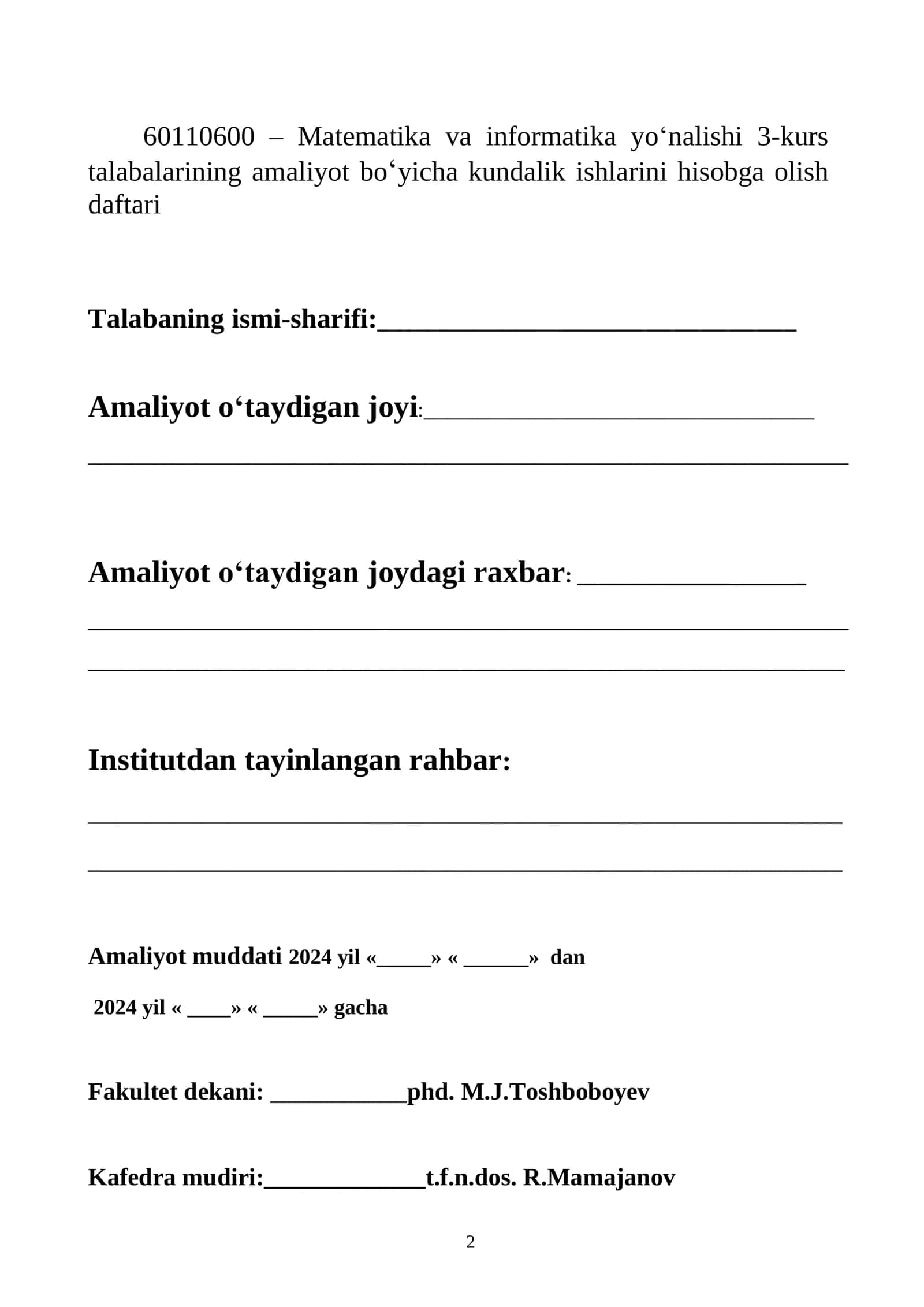 Malakaviy amaliyot KUNDALIK DAFTARI 2