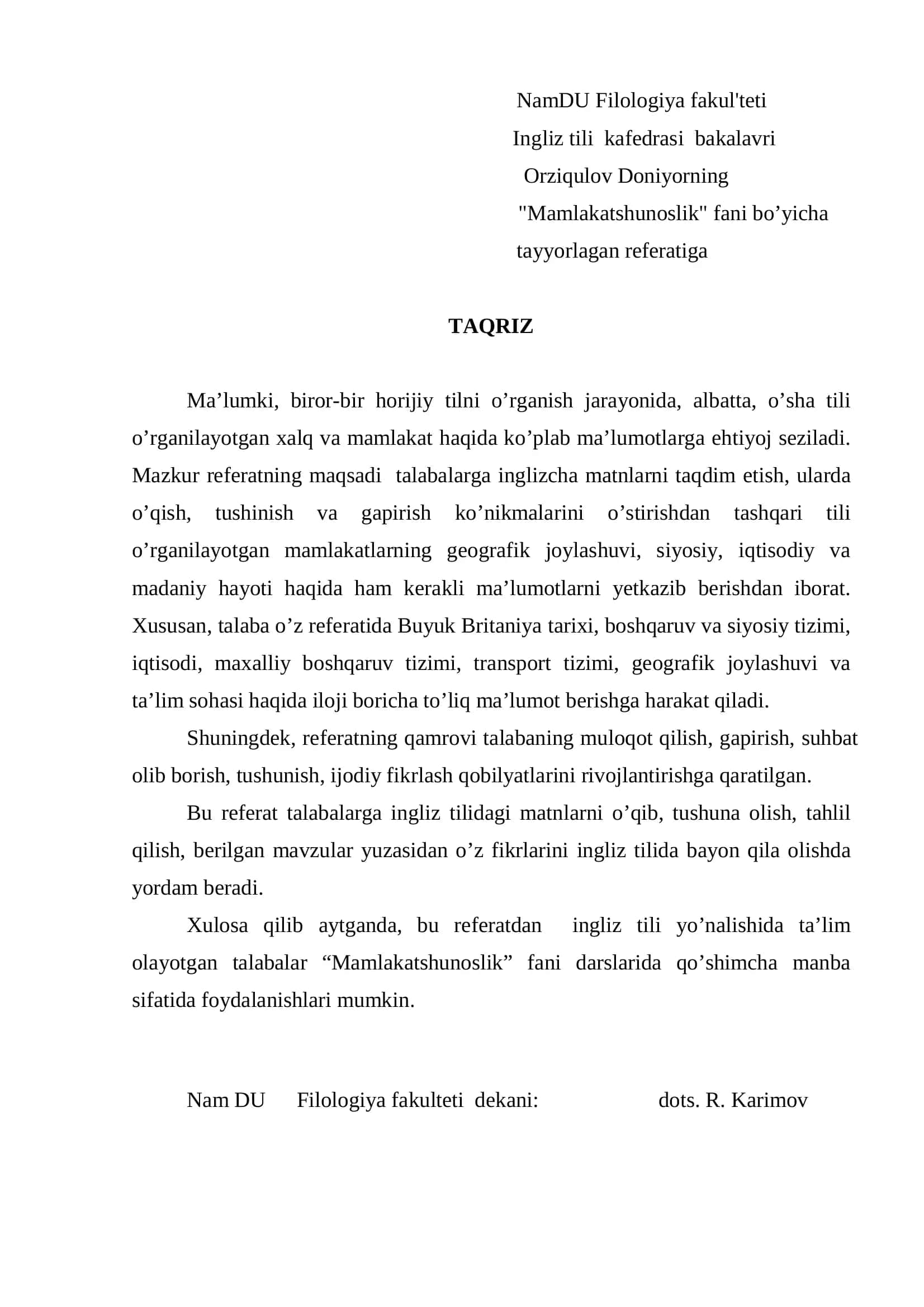 Referat "Mamlakatshunoslik" 2