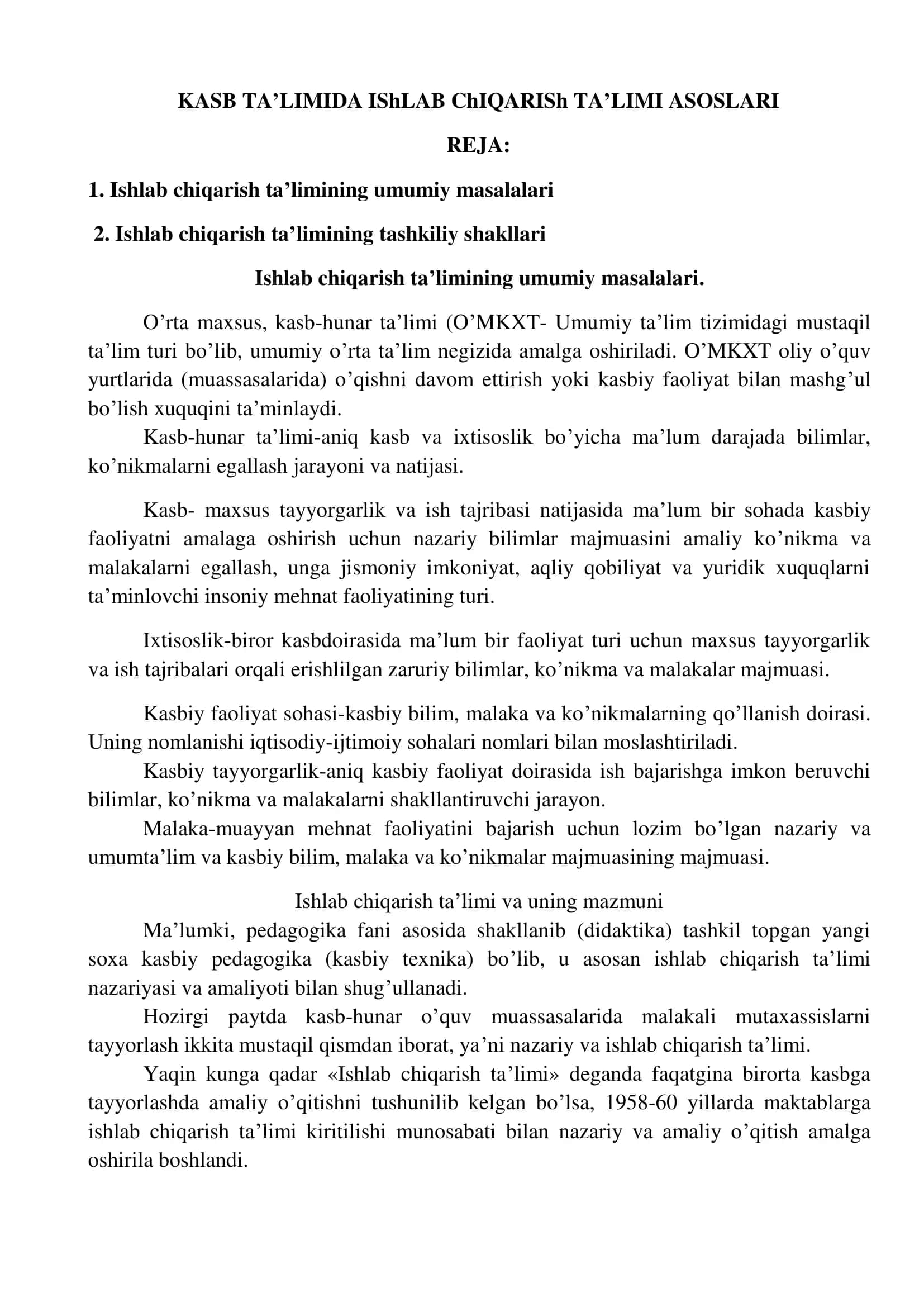 KASB TA’LIMIDA IShLAB ChIQARISh TA’LIMI ASOSLARI 2