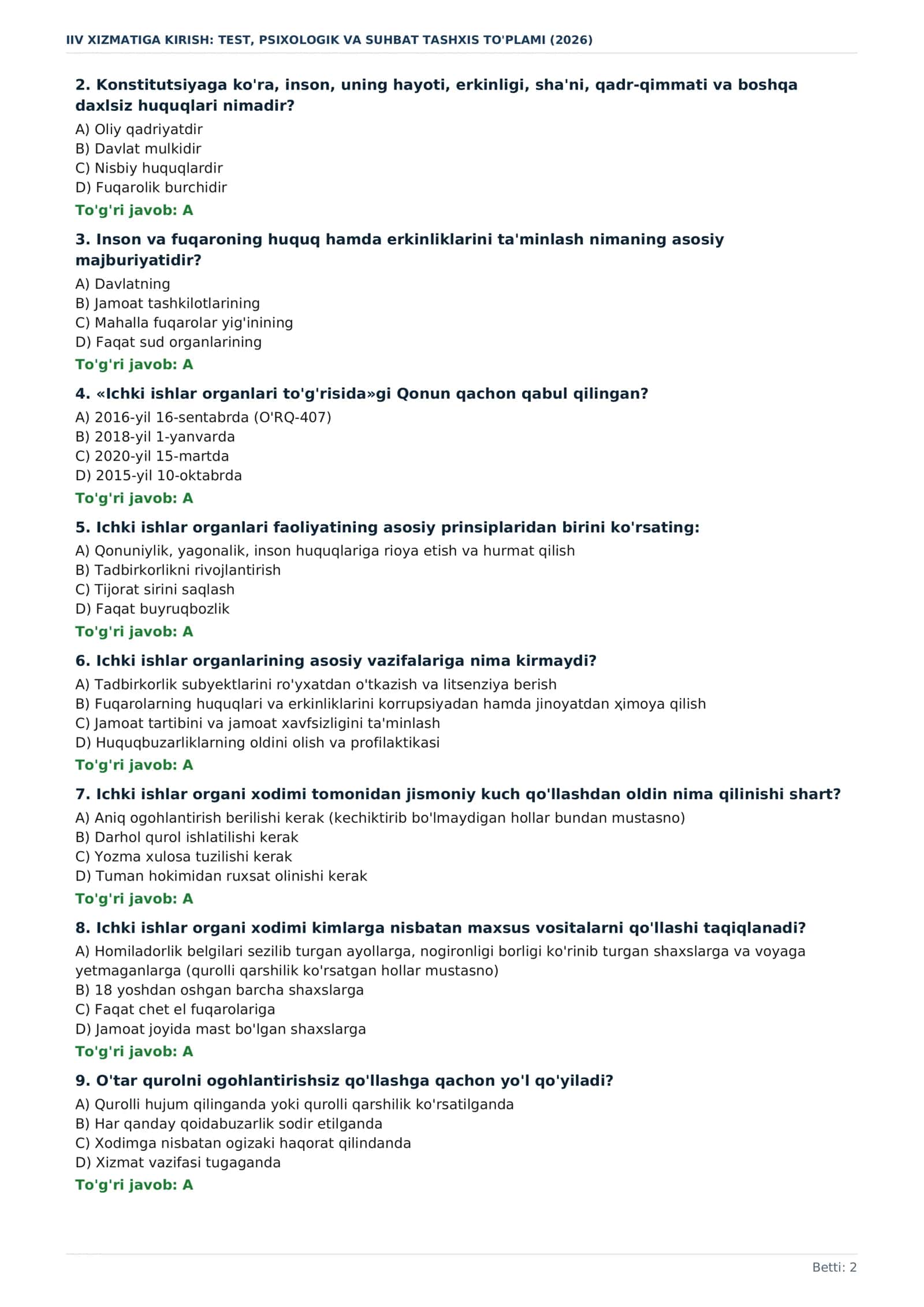 IIV 2026 — 1800+ test, psixologik va suhbat savollari 2