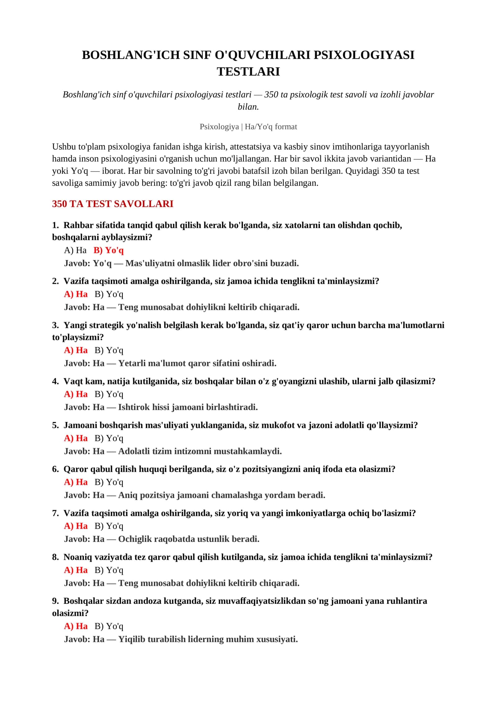 BOSHLANG'ICH SINF O'QUVCHILARI PSIXOLOGIYASI TESTLARI 2