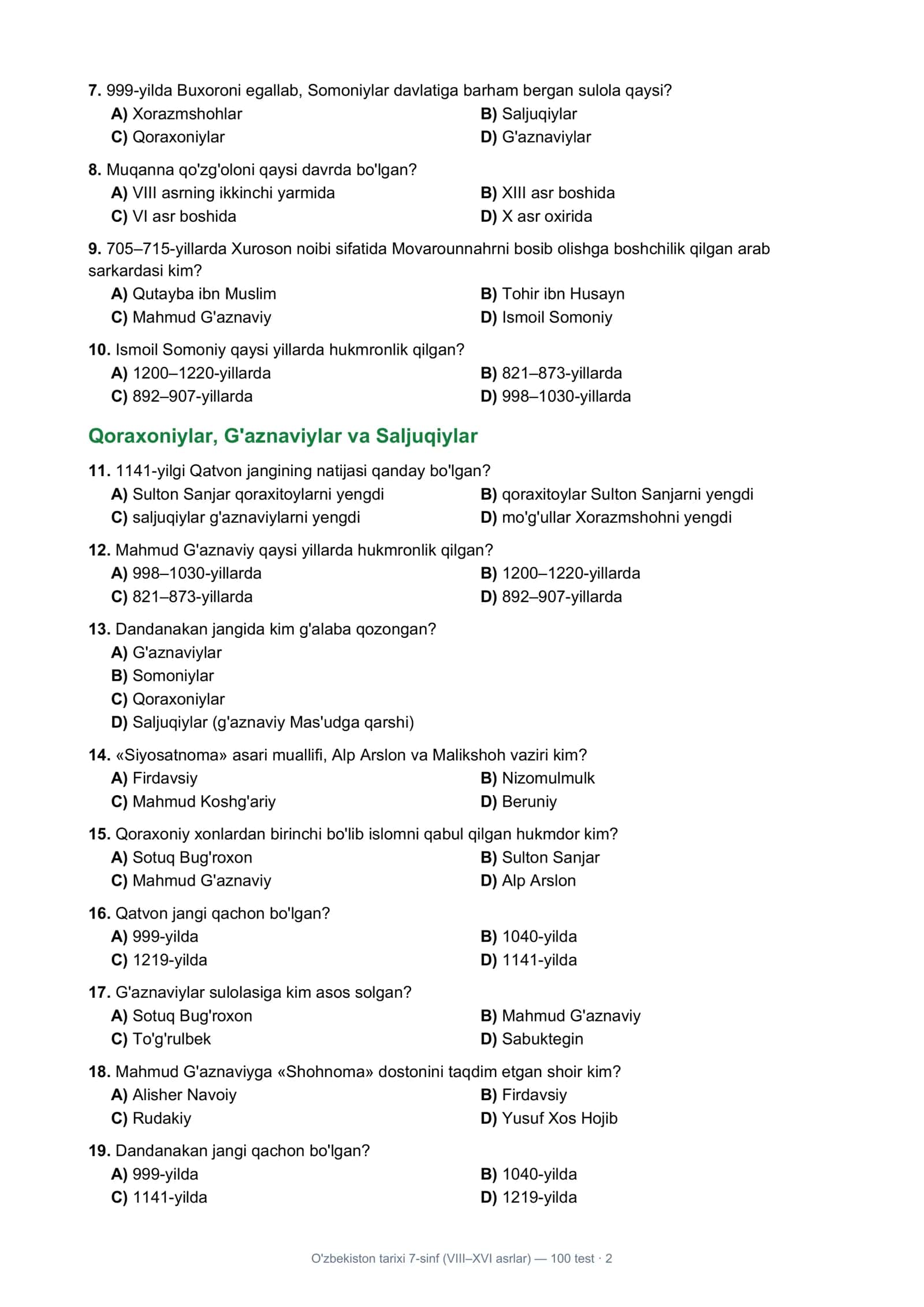 O'zbekiston tarixi 7-sinf (VIII–XVI asrlar) — 100 test · 1 2