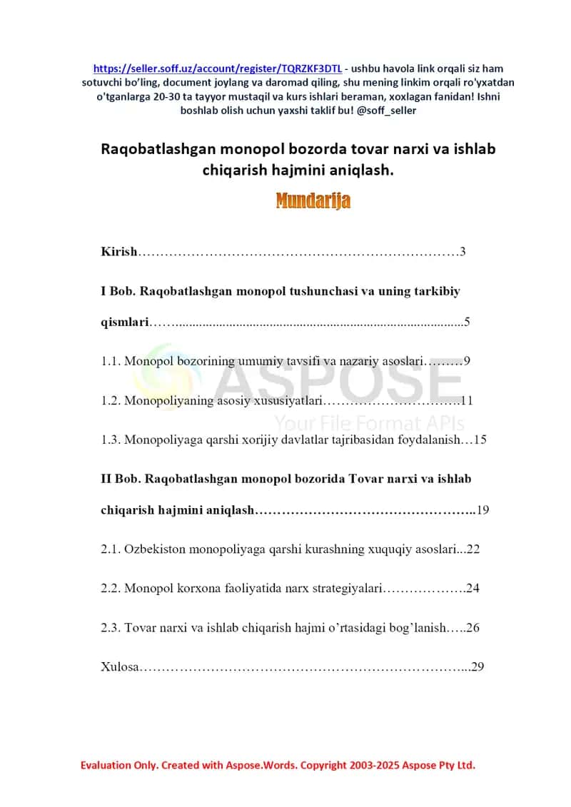 Raqobatlashgan monopol bozorida tovar narxi va ishlab chiqarish hajmini aniqlash 2