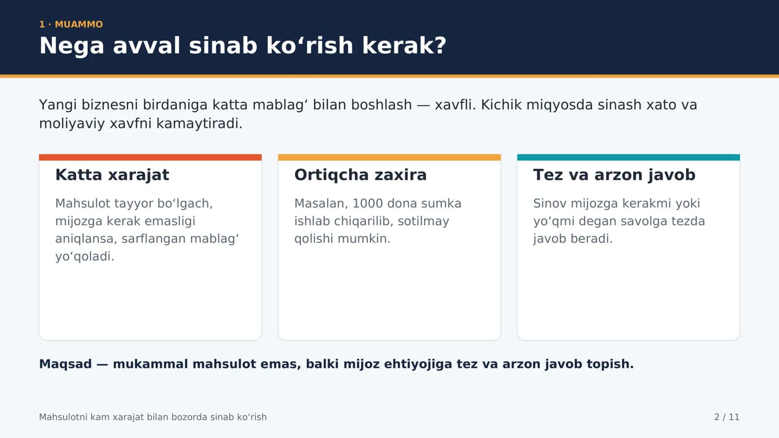 mahsulotni kam xarajat bilan bozorda sinab koʻrish 2