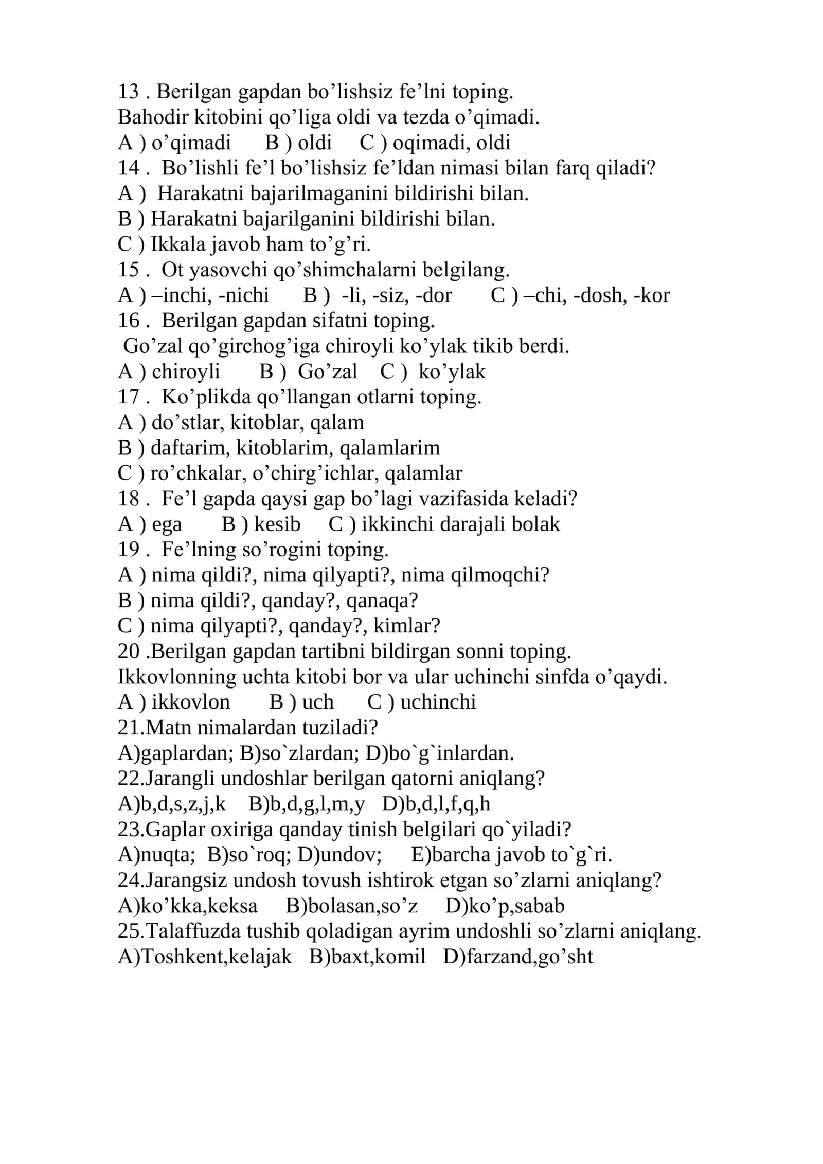 ona-tili 3-sinflar uchun testlar 2