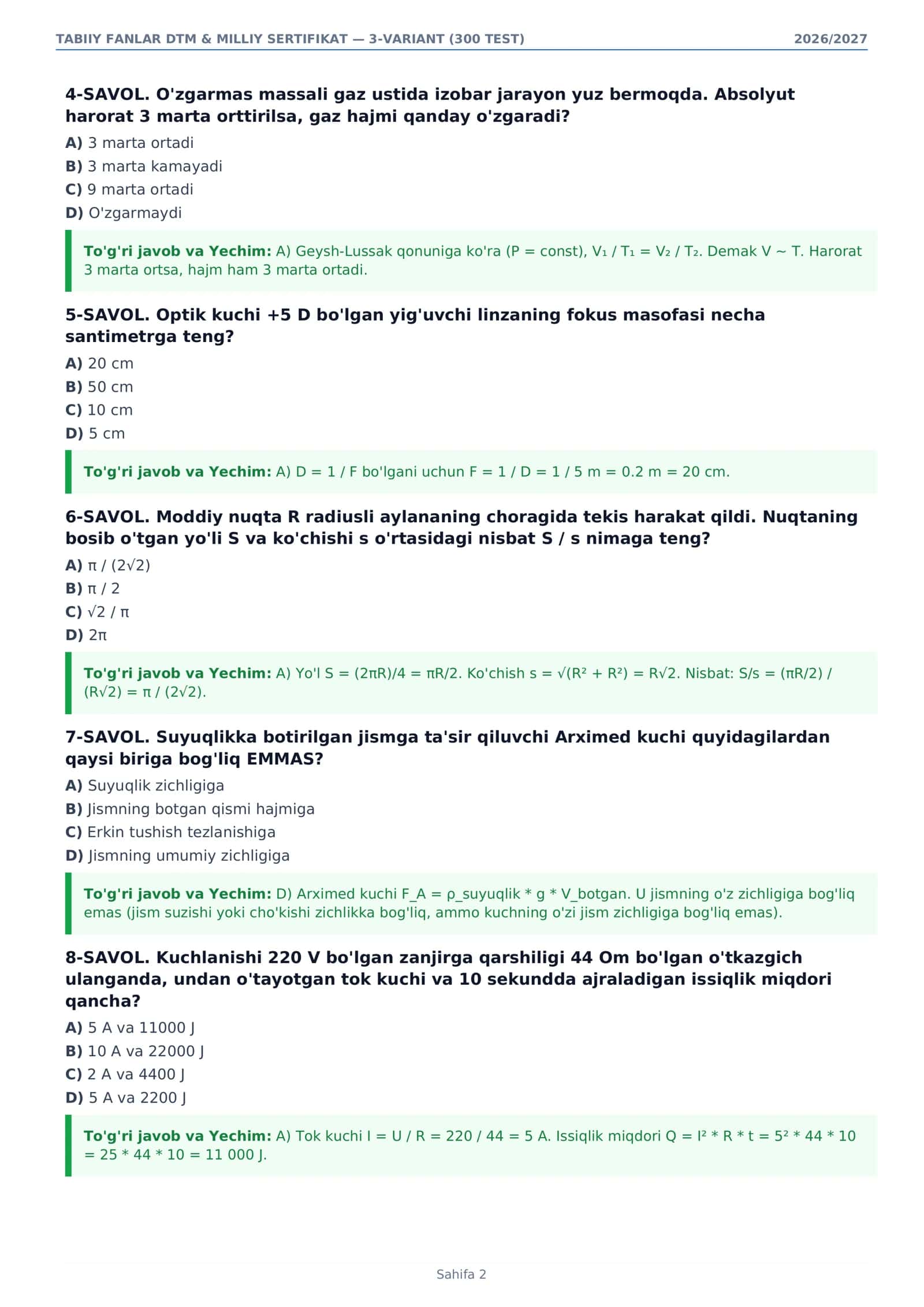 TABIIY FANLAR BLOQI — 3-VARIANT (300 MUKAMMAL TEST) 2