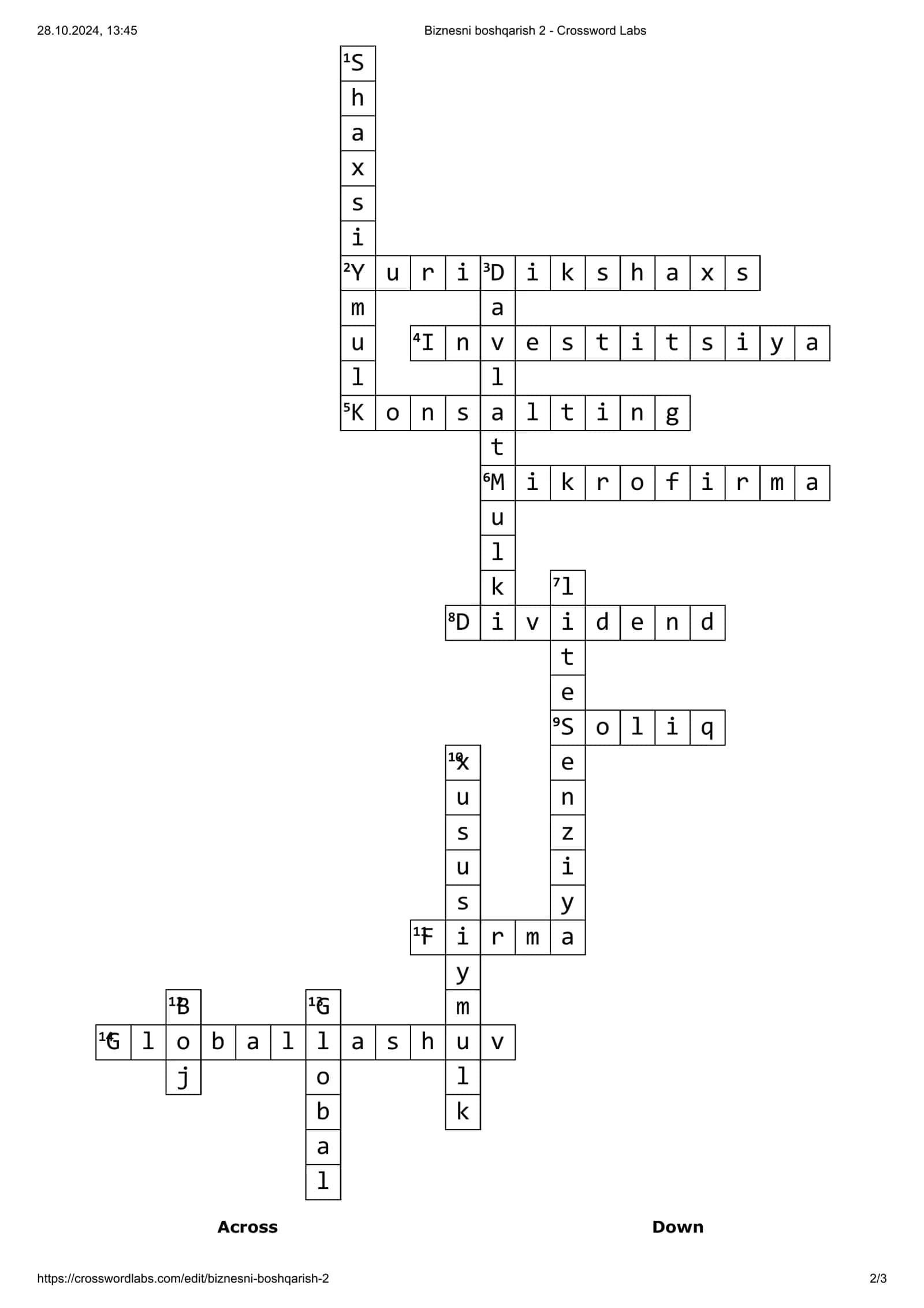 Biznesni boshqarish 2-Crossword Labs javobi 2