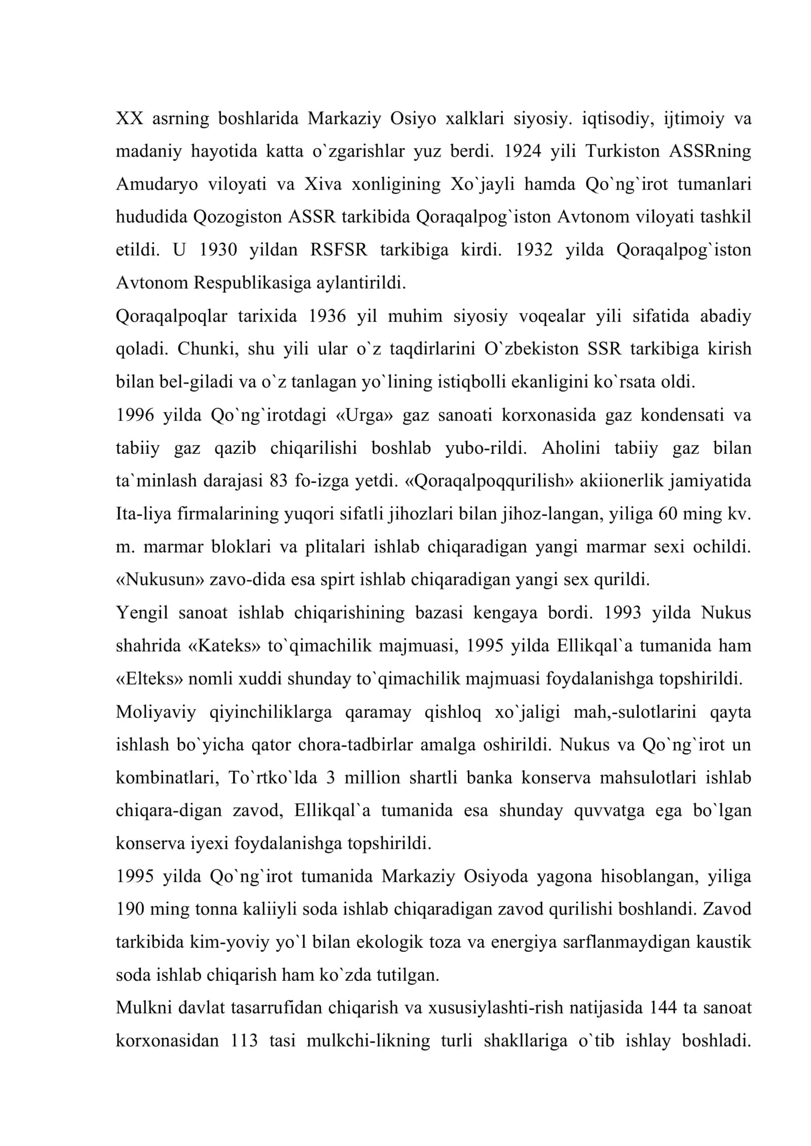 O`zbekiston mustaqilligi yillarida Qoraqalpog`iston davlatchiligi taraqqiyoti 2