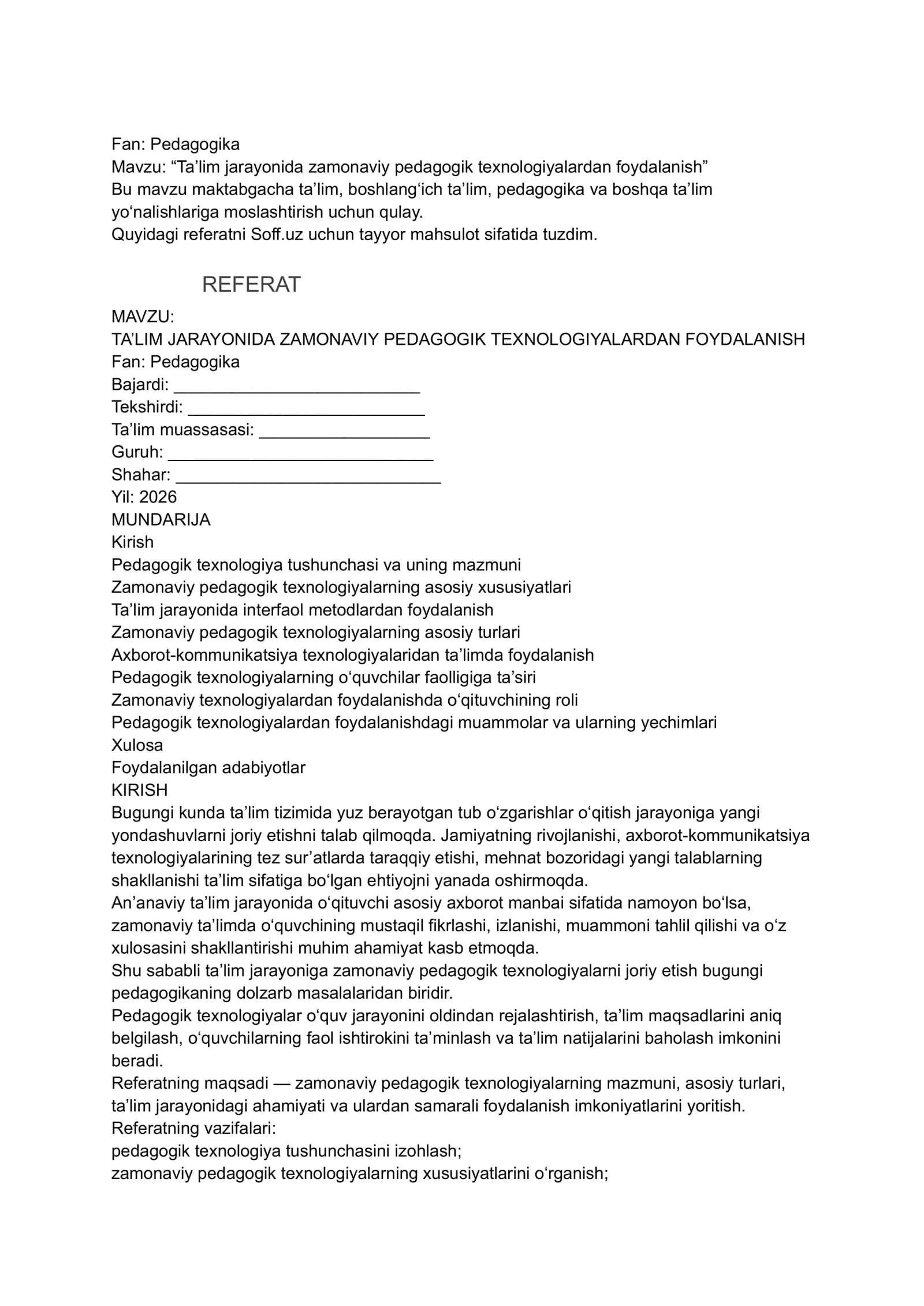TA’LIM JARAYONIDA ZAMONAVIY PEDAGOGIK TEXNOLOGIYALARDAN FOYDALANISH 2