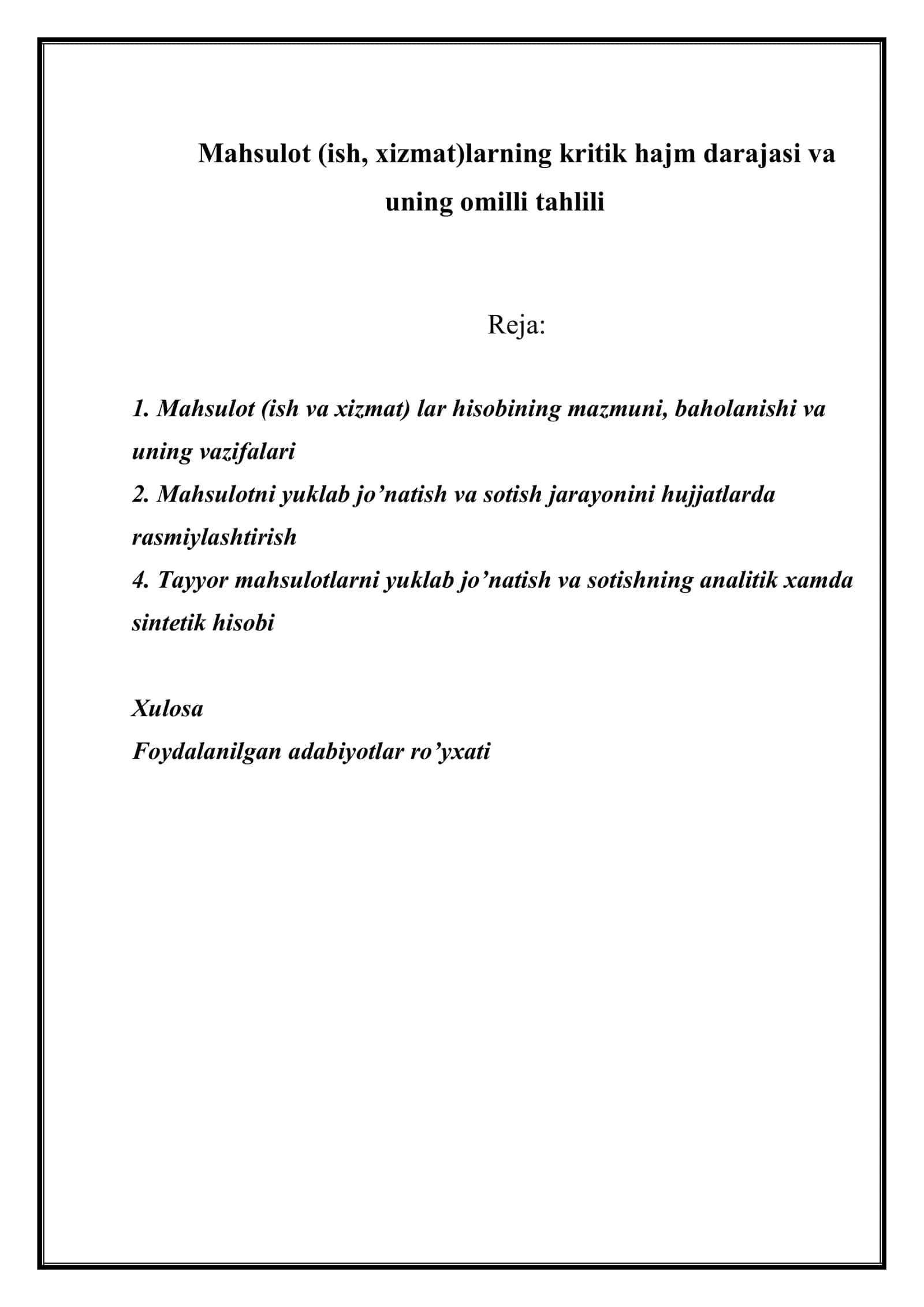 Mahsulot (ish, xizmat)larning kritik hajm darajasi va uning omilli tahlili 2