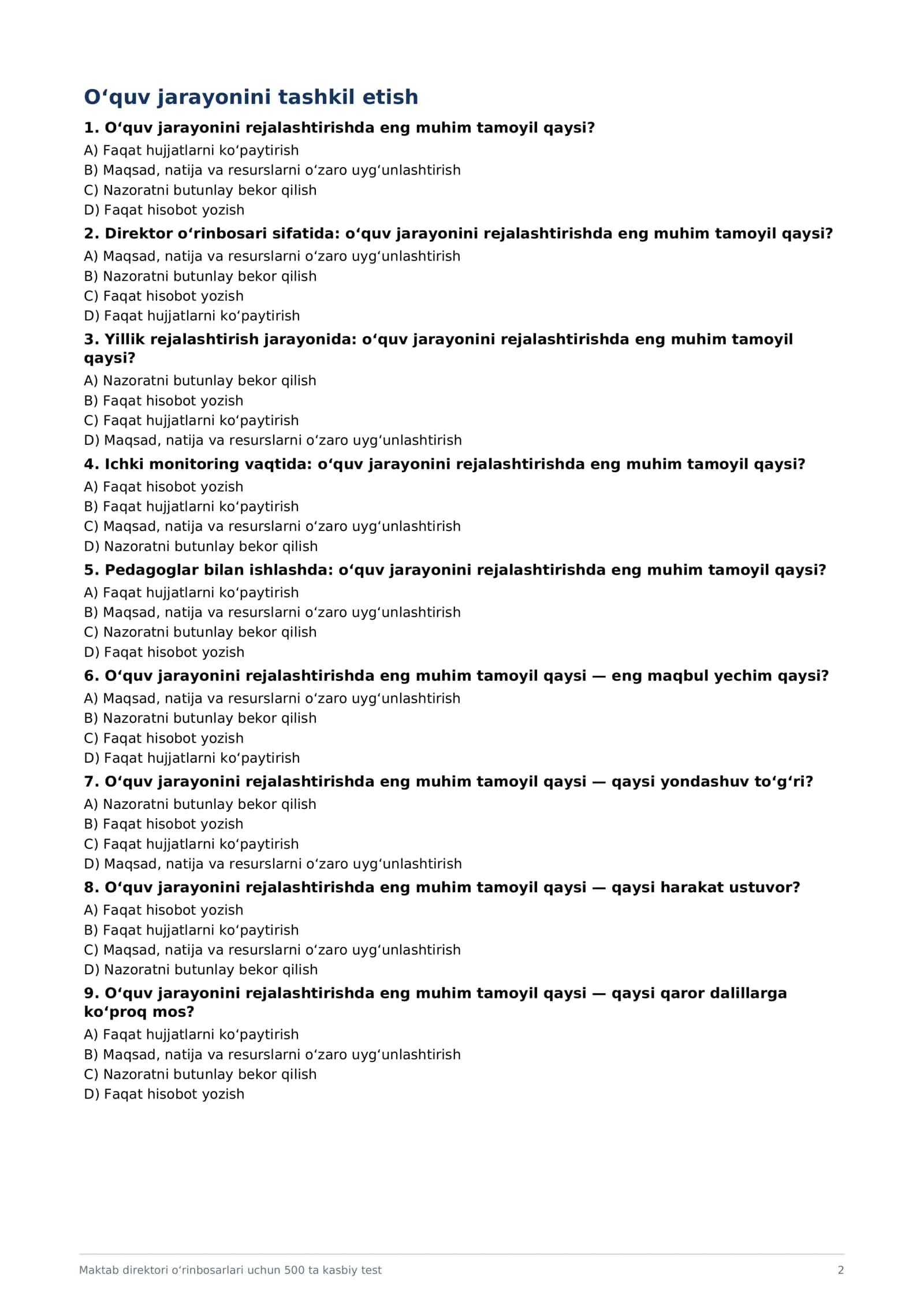 MAKTAB DIREKTORI O‘RINBOSARLARI UCHUN 500 TA KASBIY TEST 2