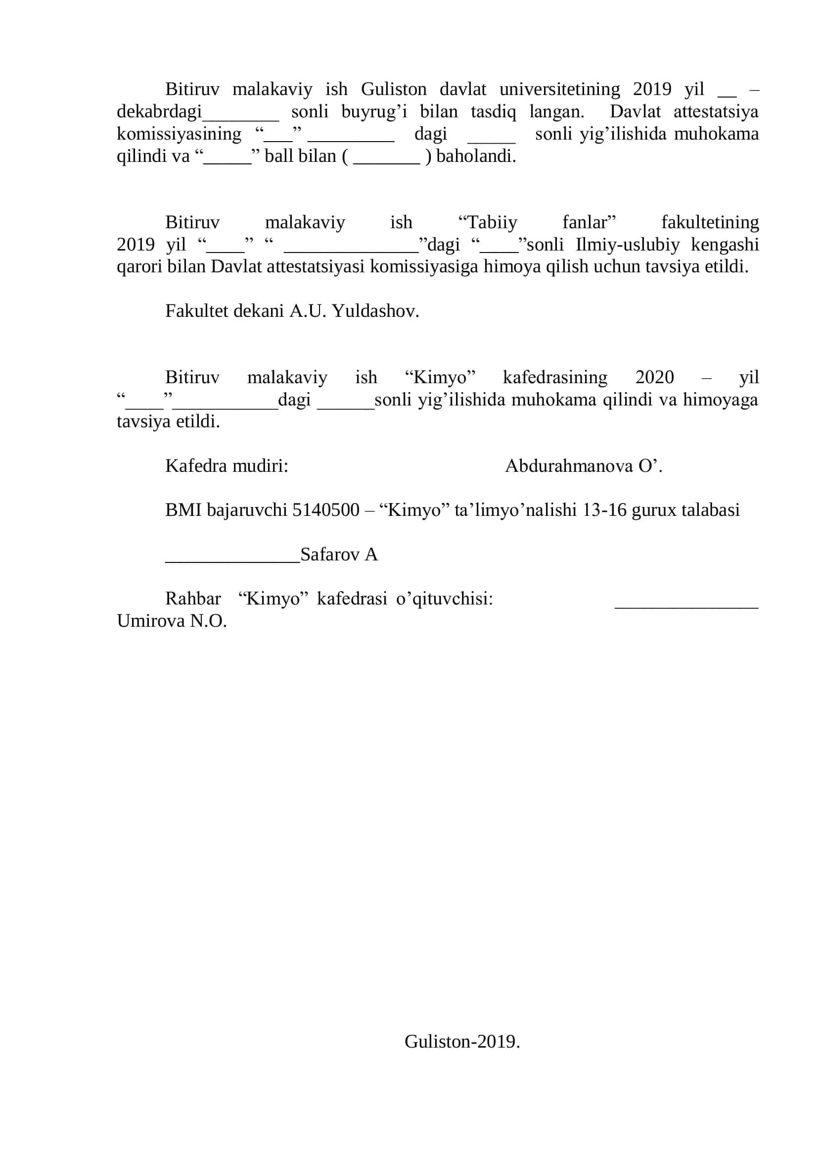 Safarov Abror Sobir o’g’lining 5140500 – Kimyo ta’limi yo’nalishi bo’yicha bakalavr darajasini olish uchun ““Sof moddalar va aralshmalar” mavzusini o’qitishda innovatsion texnologiyalarni yaratish 2