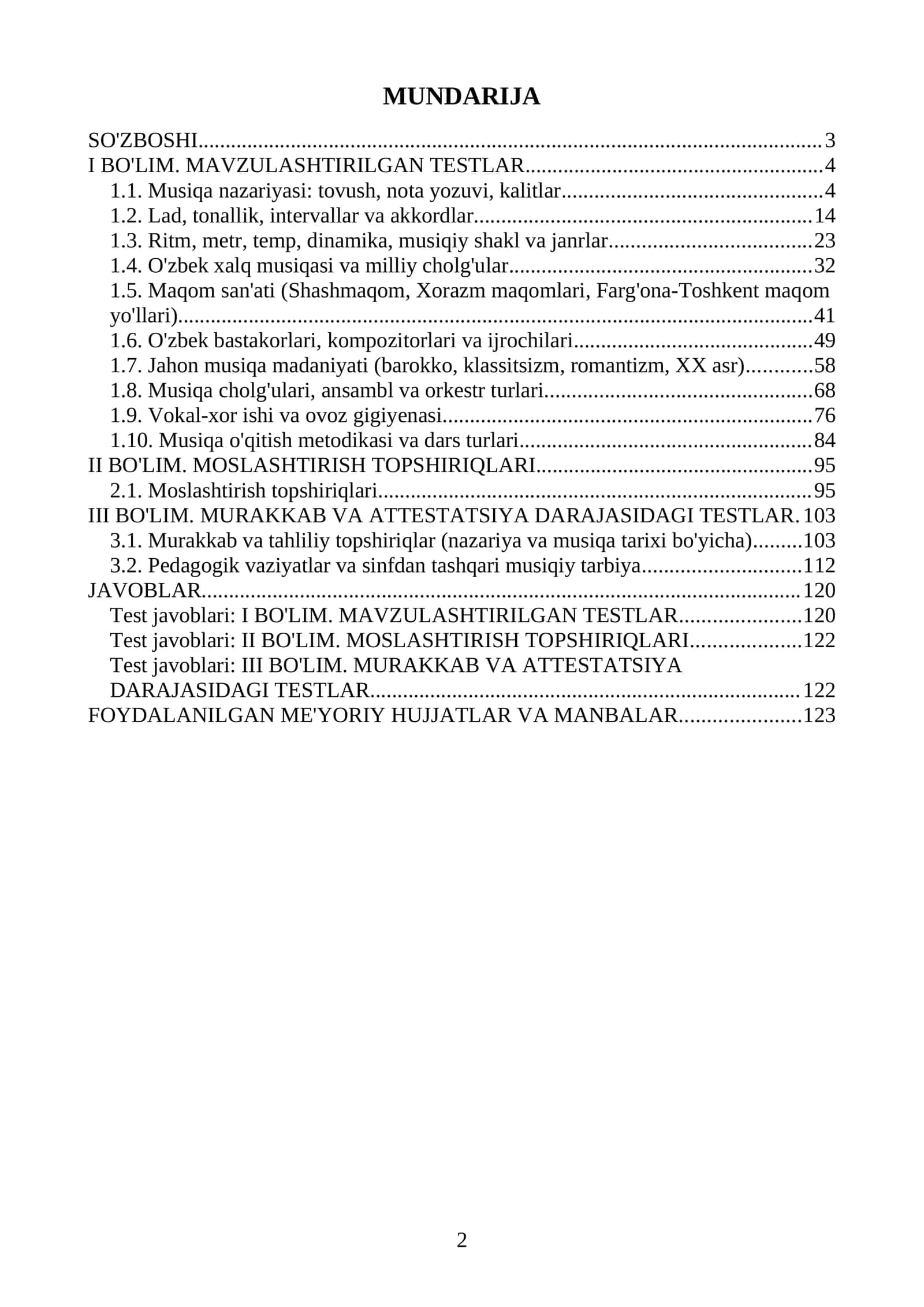 Musiqa fanidan Milliy sertifikat va Attestatsiya savollari va testlar. 1000 ta javoblari. 2