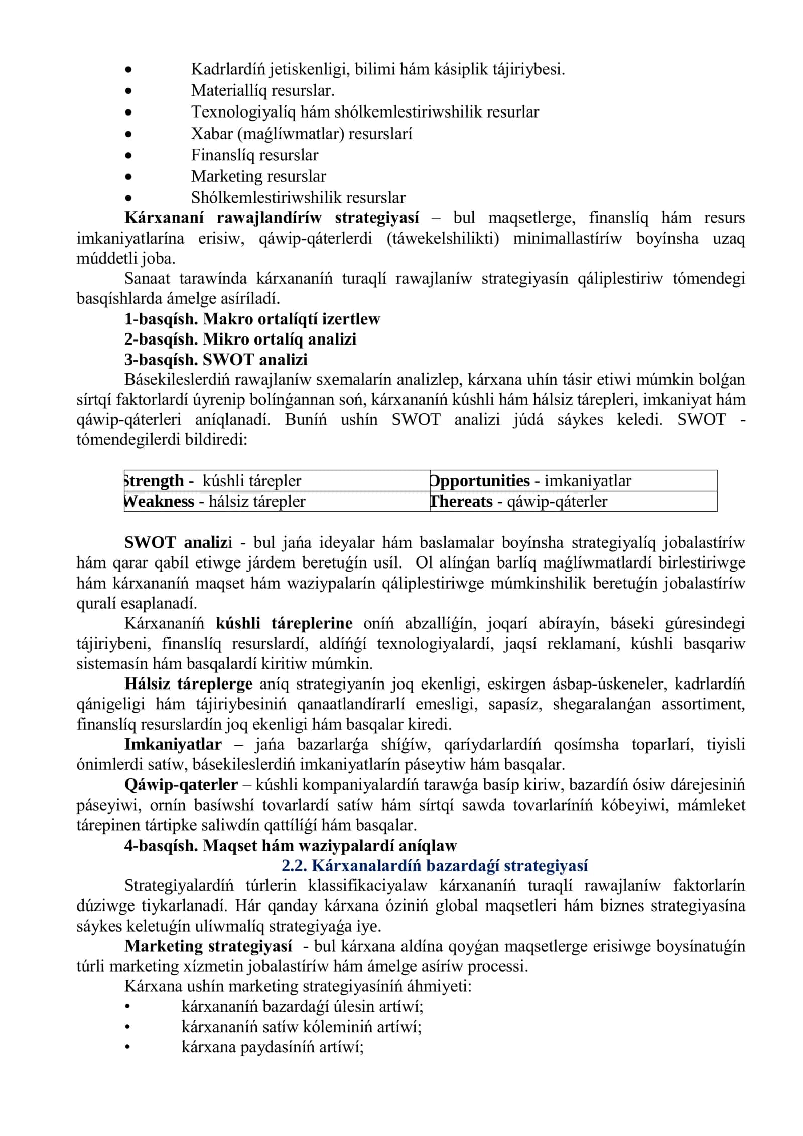 SANAAT KÁRXANALARÍNÍŃ RAWAJLANÍW STRATEGIGIYASÍ QÁLIPLESTIRIW 2
