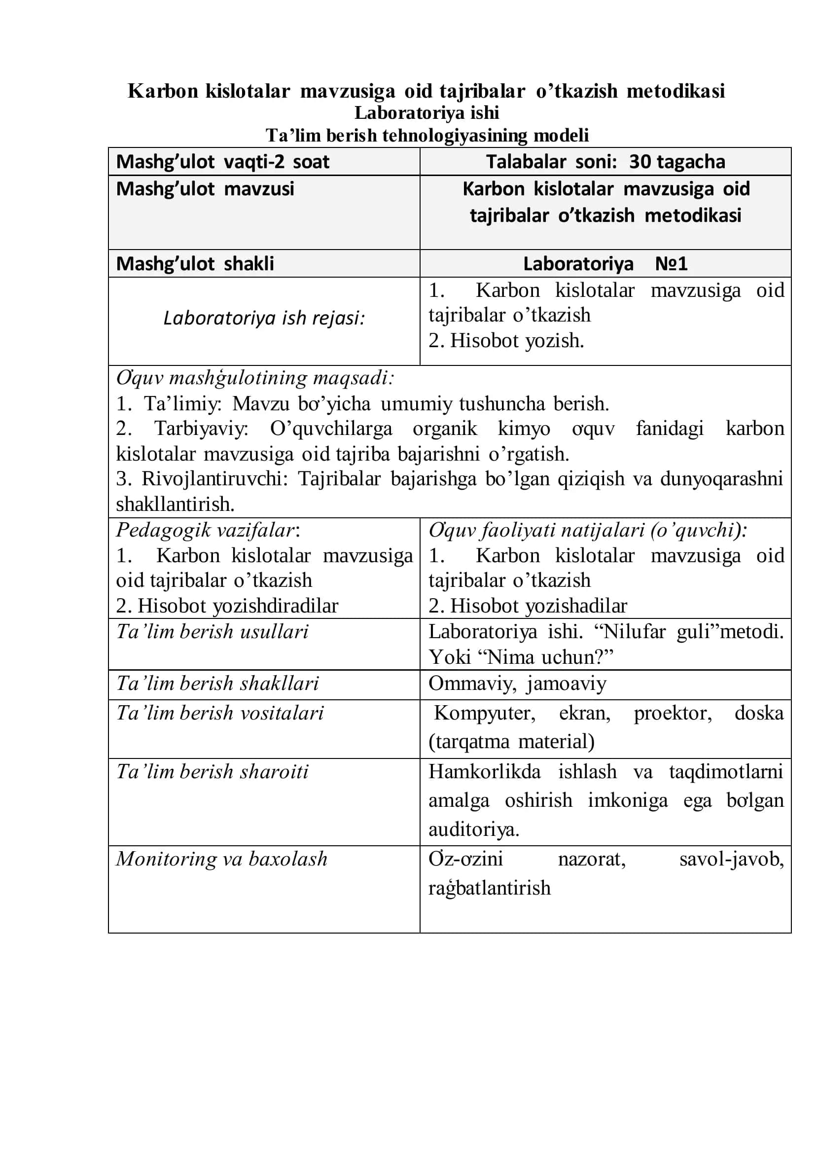 Karbon kislotalar mavzusiga oid tajribalar o’tkazish metodikasi 2
