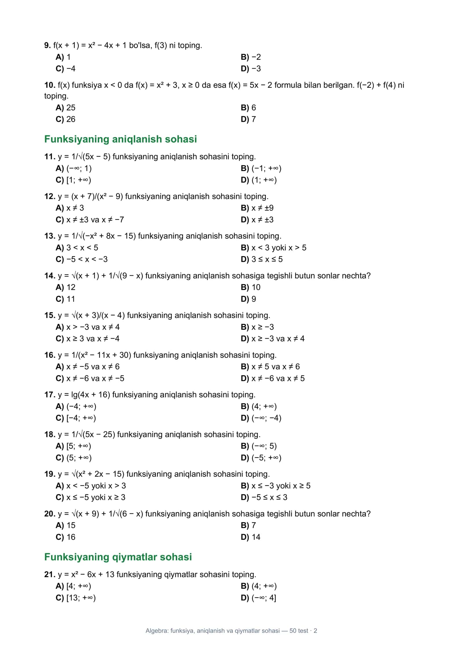 Algebra: funksiya, aniqlanish va qiymatlar sohasi 2