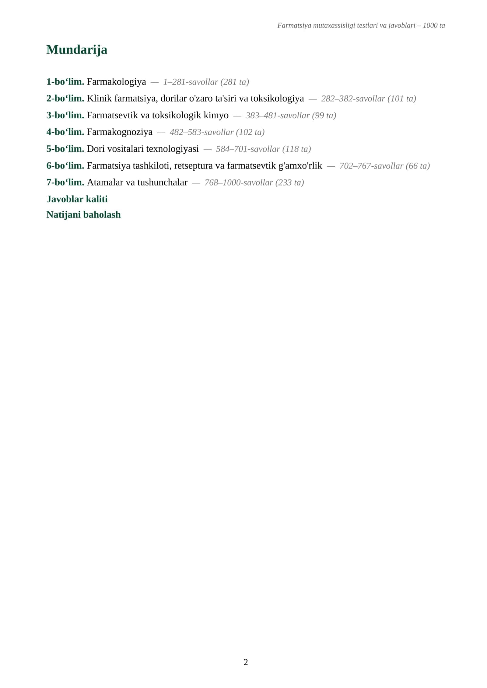 Farmatsiya mutaxassisligi testlari va javoblari - 1000 ta 2