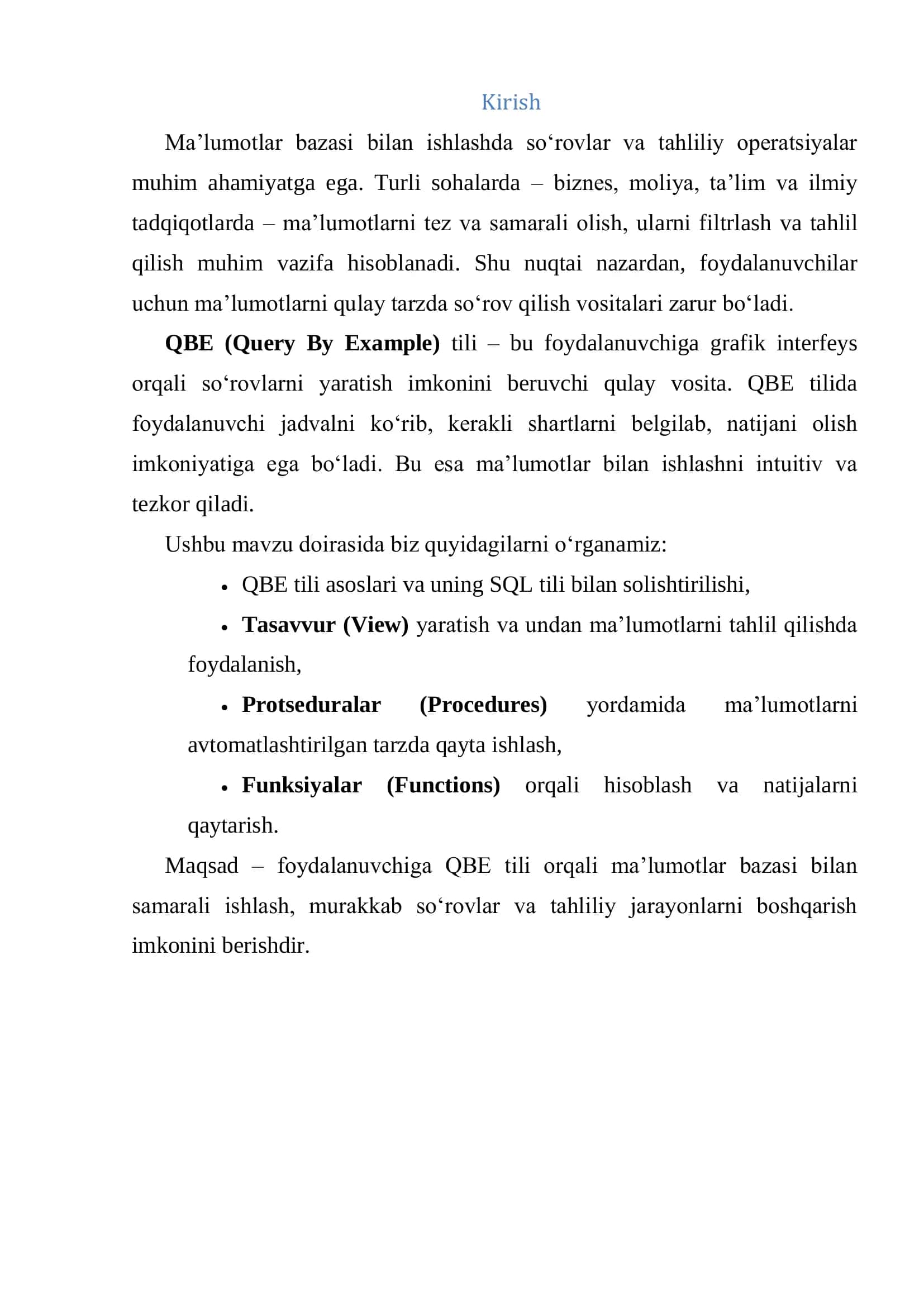 QBE tili tajriba sinovi ishlarini amalga oshirish 2
